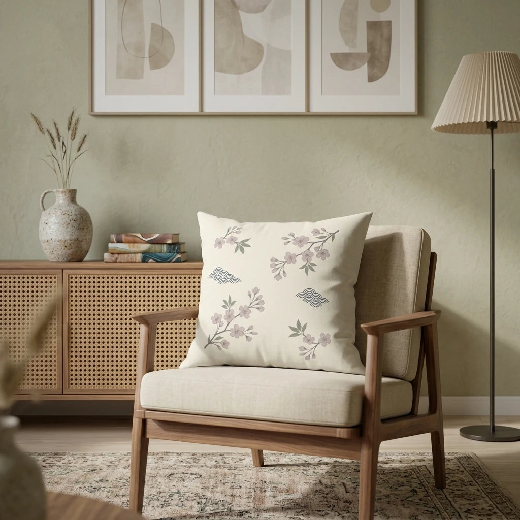 Floral cherry blossom cushion on a wooden armchair in a Japandi-style living room with a green wall and minimalist decor.