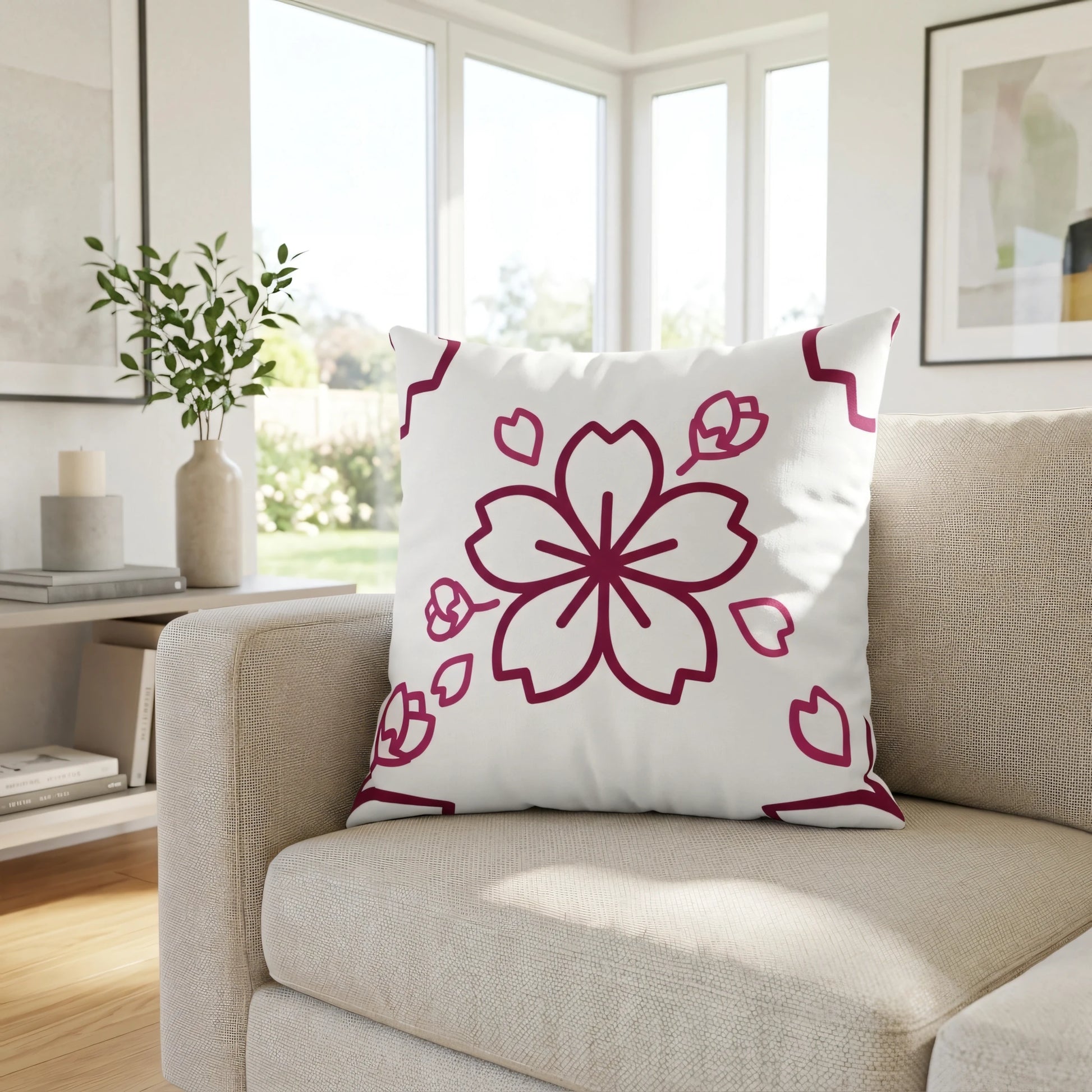 White square throw pillow with a magenta cherry blossom design, placed on a beige sofa in a bright, modern living room interior.
