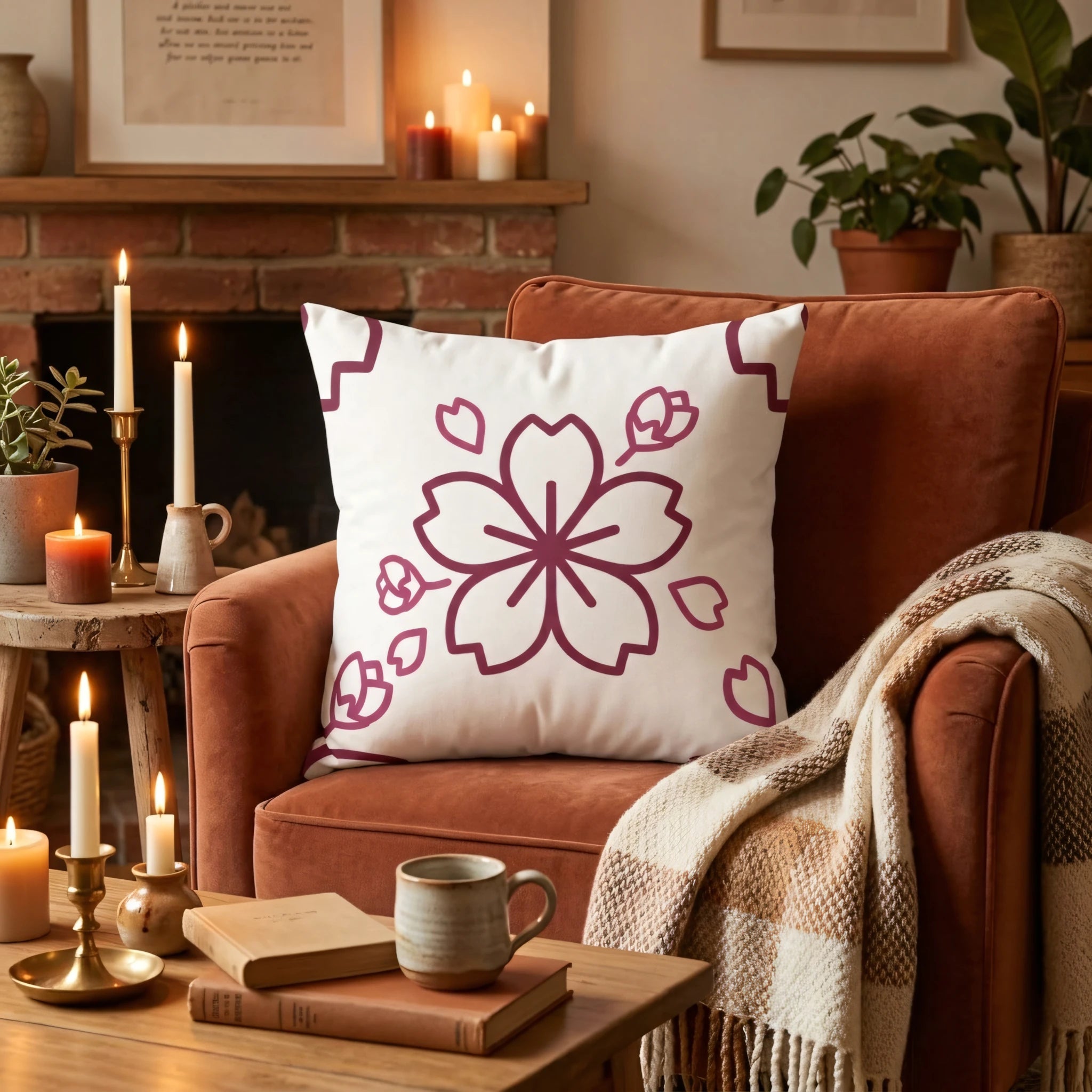 White decorative cushion with a purple sakura pattern on an orange armchair in a cozy living room with warm candles and a fireplace.