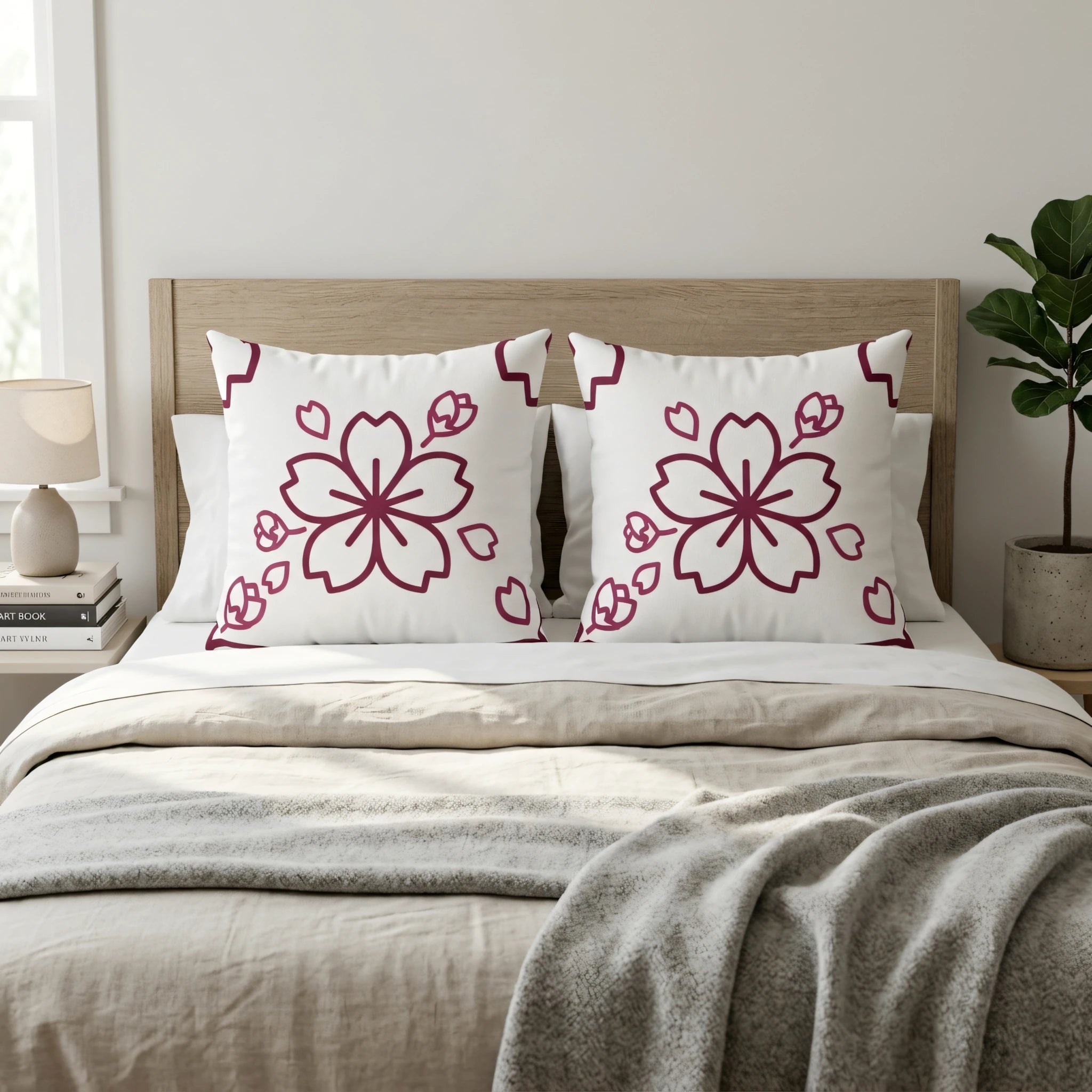 Pair of white cushions with maroon cherry blossom line art on a bed with beige linens and a wooden headboard in a bright, modern bedroom.