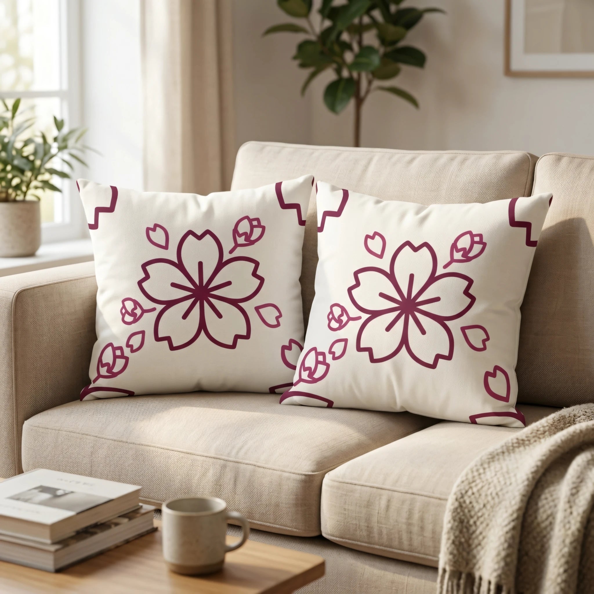 Pair of white decorative pillows featuring a maroon cherry blossom pattern, displayed on a beige sofa in a cozy, sunlit living room scene.