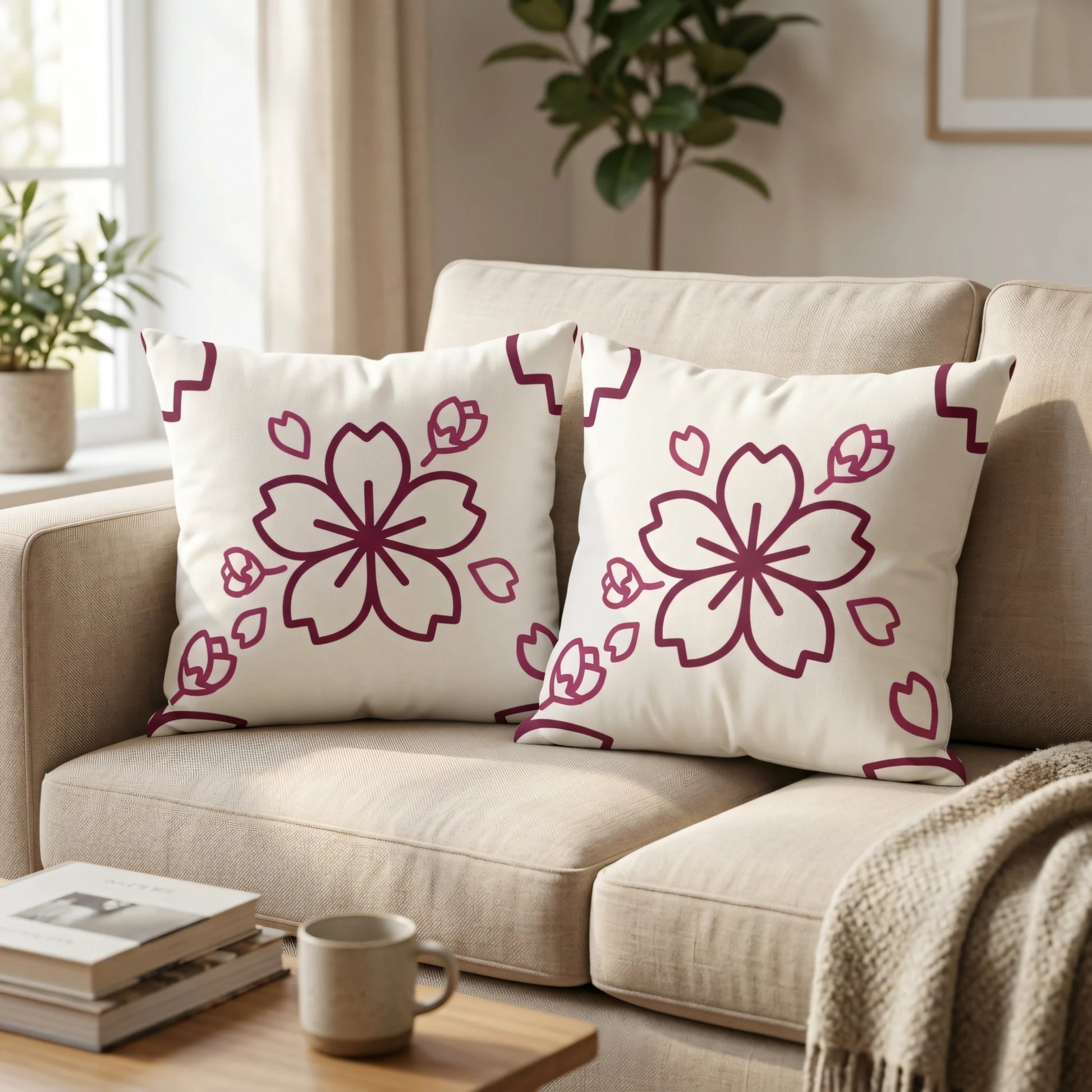Pair of white decorative pillows featuring a maroon cherry blossom pattern, displayed on a beige sofa in a cozy, sunlit living room scene.