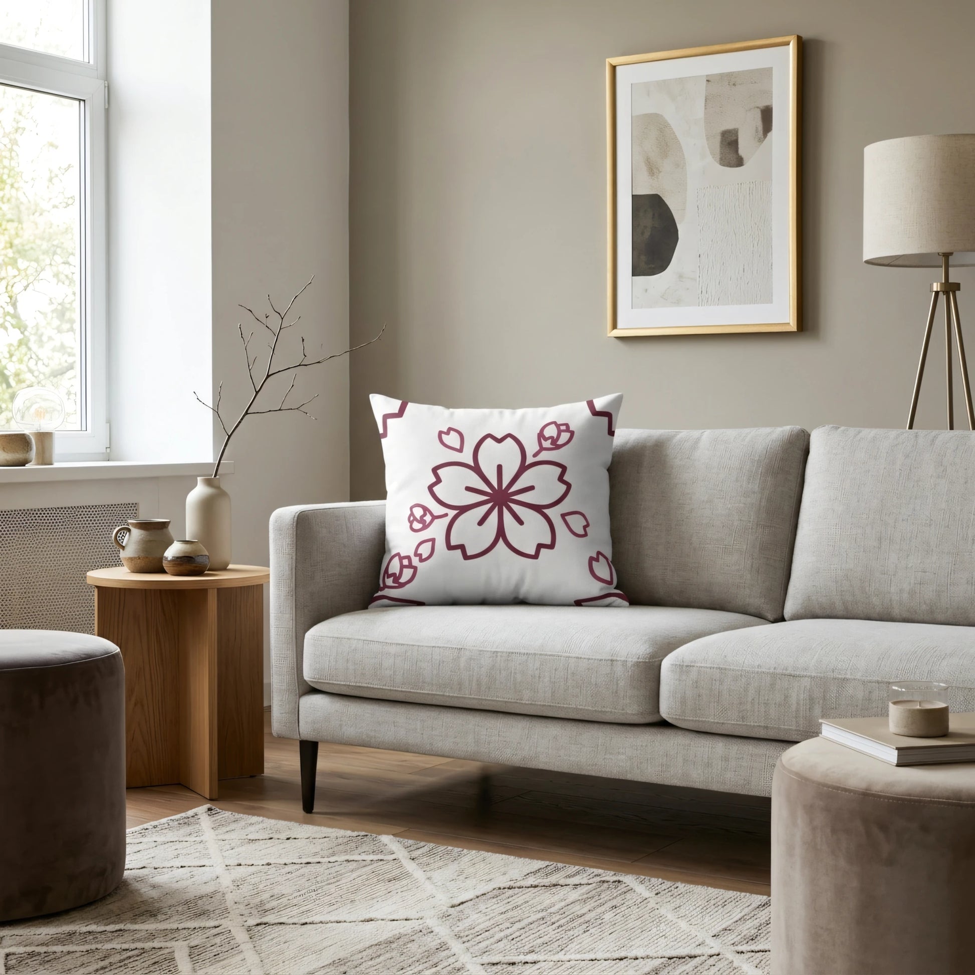 White throw pillow with a maroon cherry blossom pattern on a grey sofa in a modern minimalist living room with neutral decor and a geometric rug.