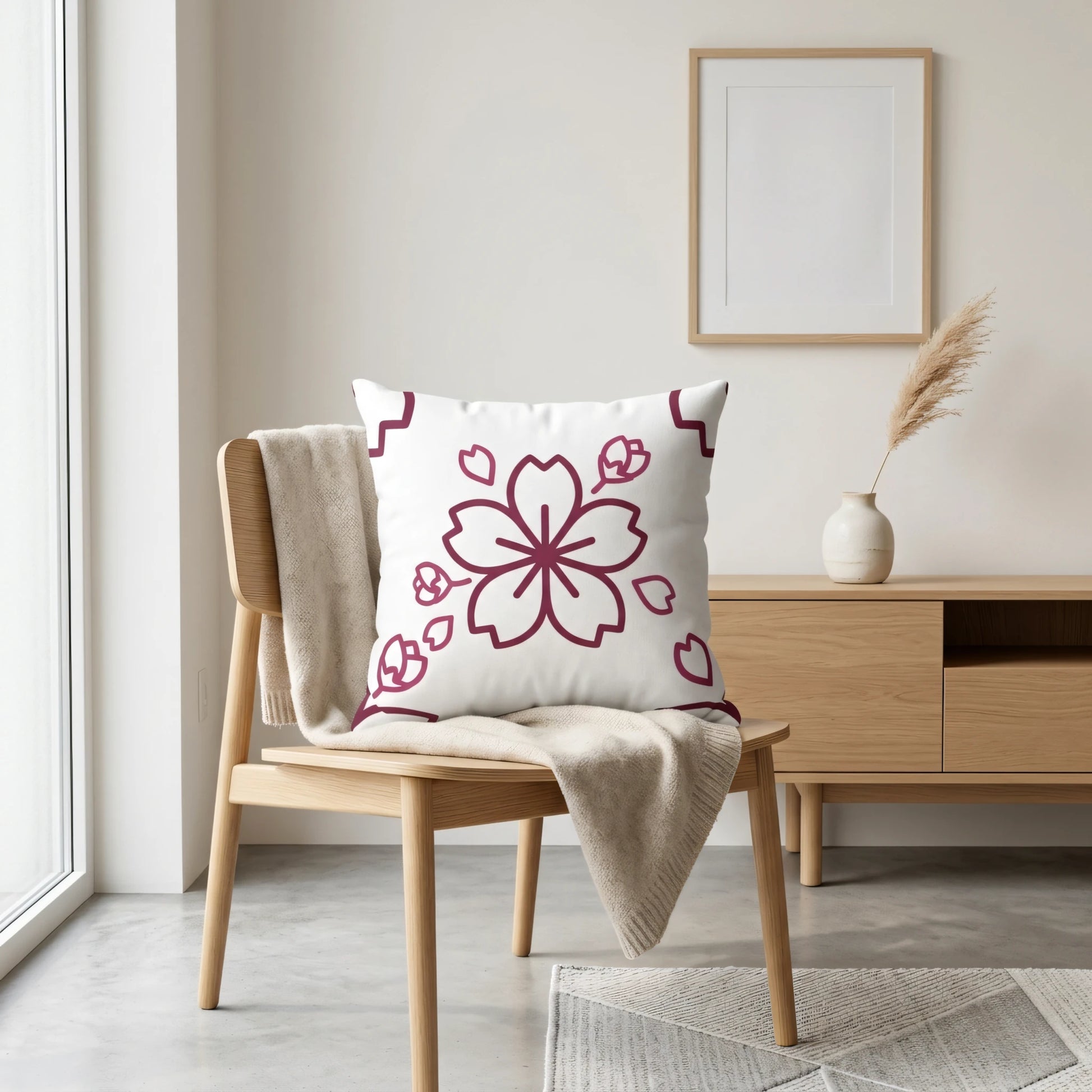 White throw pillow with a burgundy cherry blossom pattern on a wooden chair in a minimalist neutral living room with a beige blanket.