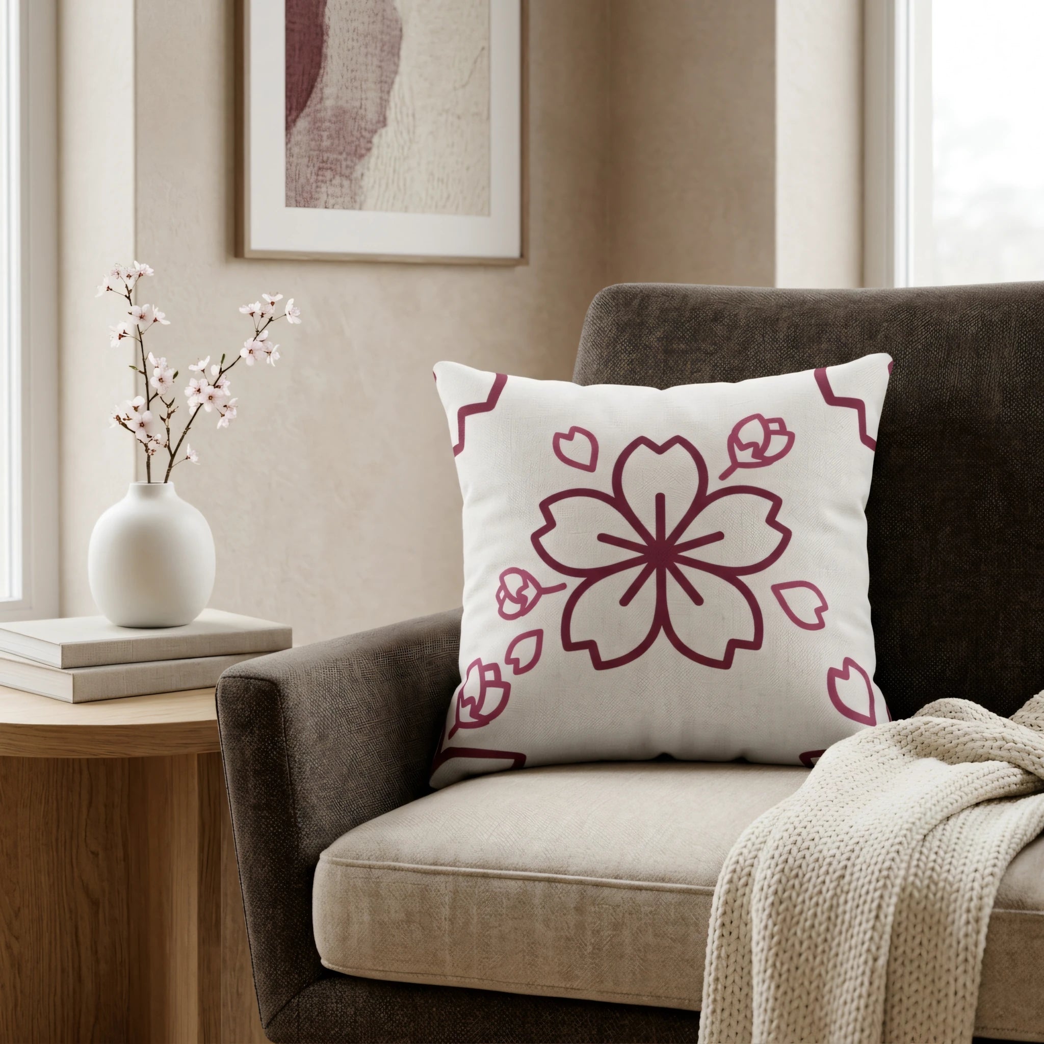 White cherry blossom pillow on a dark armchair in a minimalist living room with a wooden side table and floral vase.
