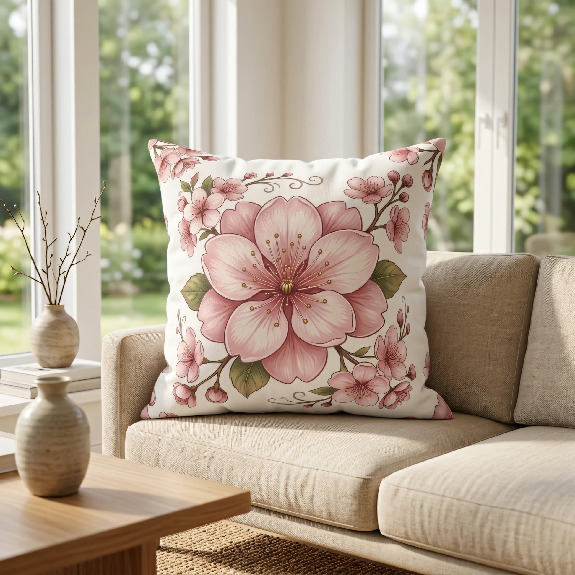 Square white cushion featuring a large pink flower pattern on a neutral sofa in a bright, airy living room with garden views.