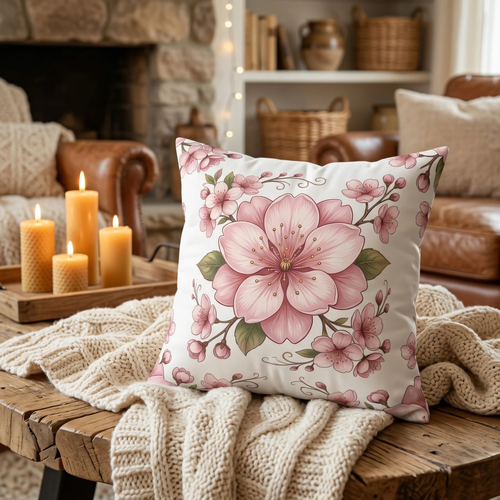 Floral pink cherry blossom cushion on a rustic wood table with a chunky knit blanket and lit candles in a cozy living room setting.