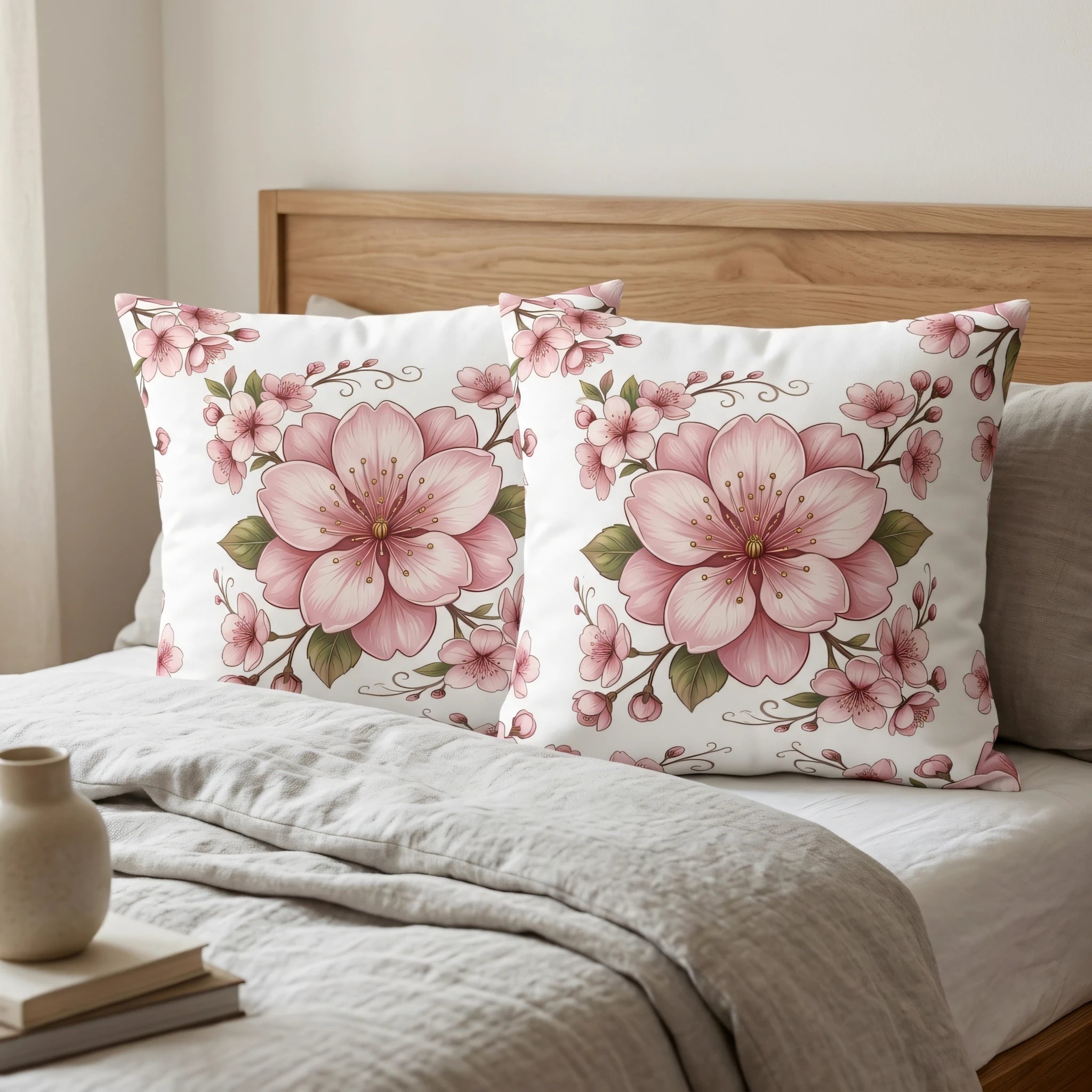 Pair of white floral cushions featuring pink cherry blossoms on a bed with a wooden headboard and grey textured bedding.