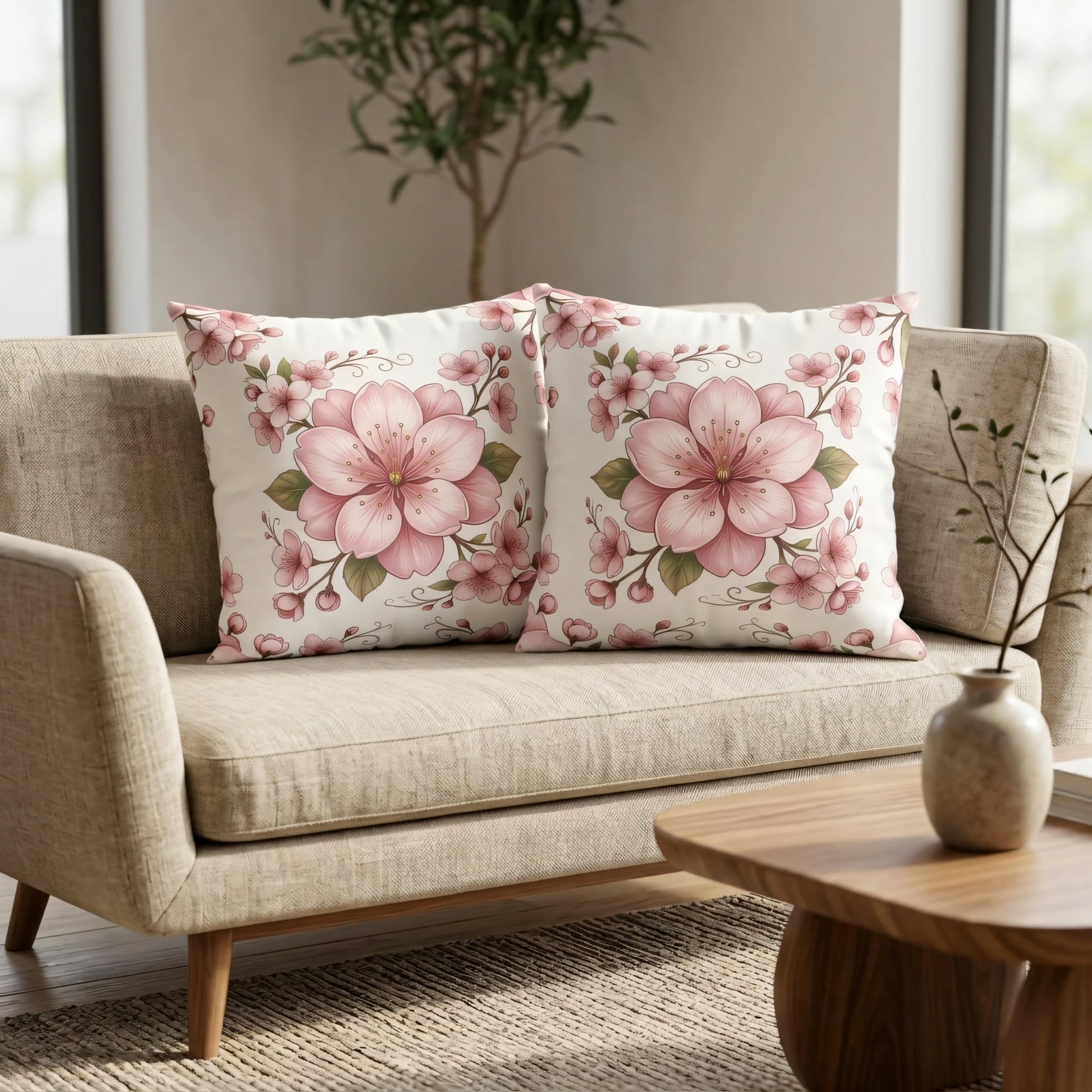 Duo of cream pillows with pink cherry blossom floral prints on a beige sofa in a minimalist living room interior.
