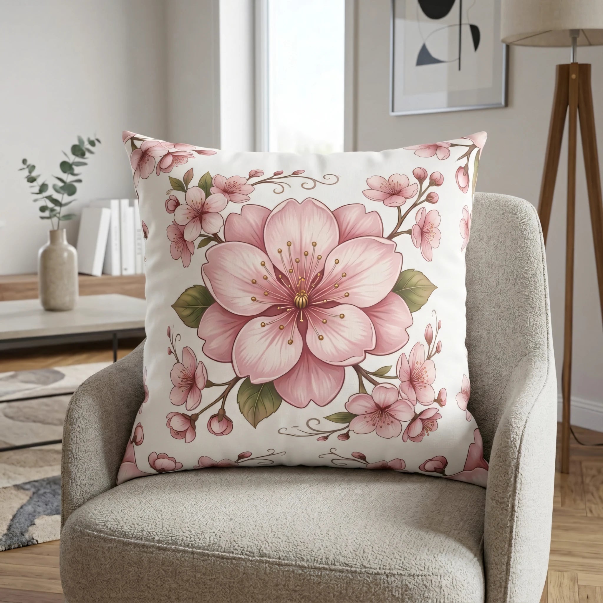 Decorative throw pillow with a pink cherry blossom floral pattern on a beige armchair in a modern living room lifestyle setting.