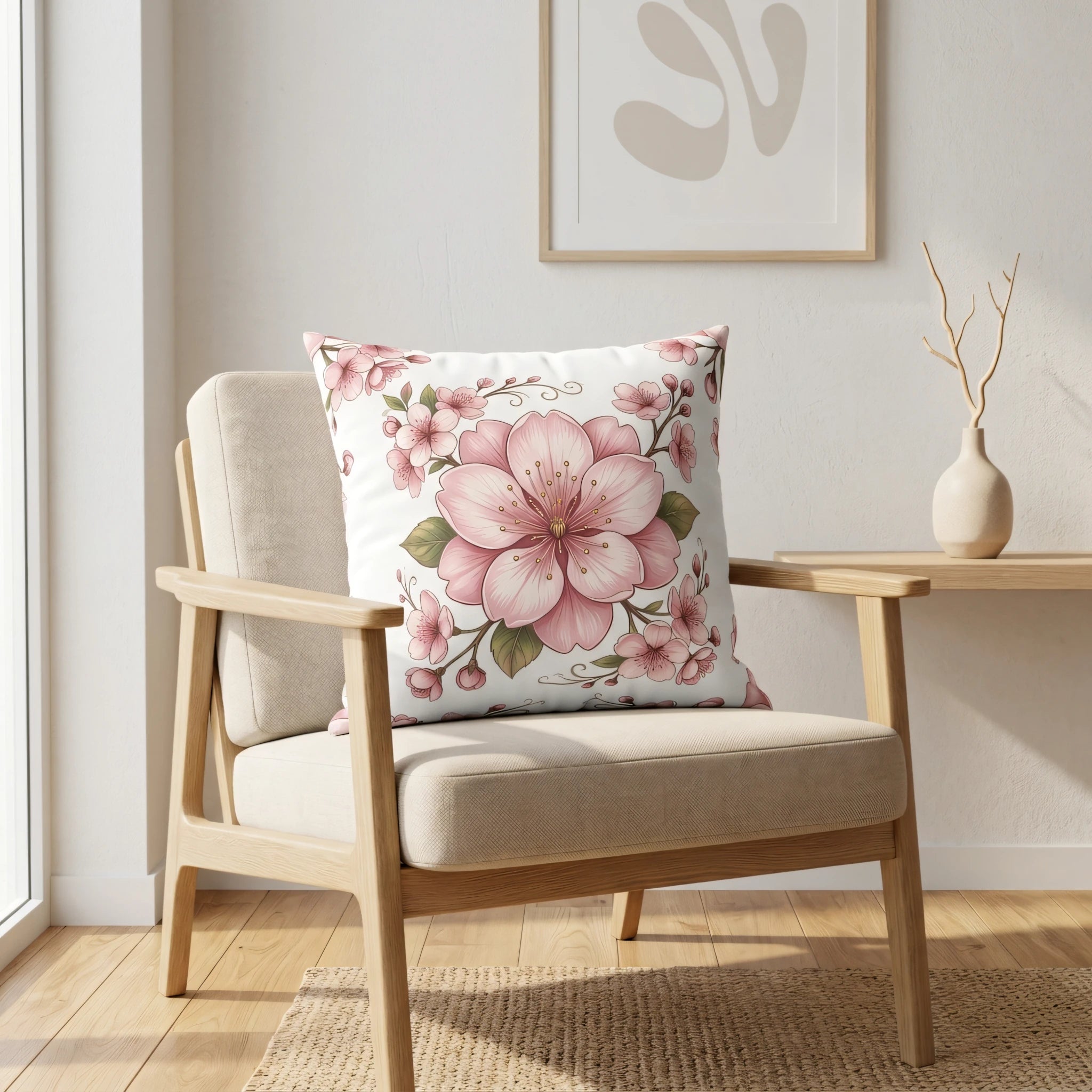 Pink cherry blossom floral cushion on a light wood armchair in a minimalist interior with bright sunlight and modern home decor.