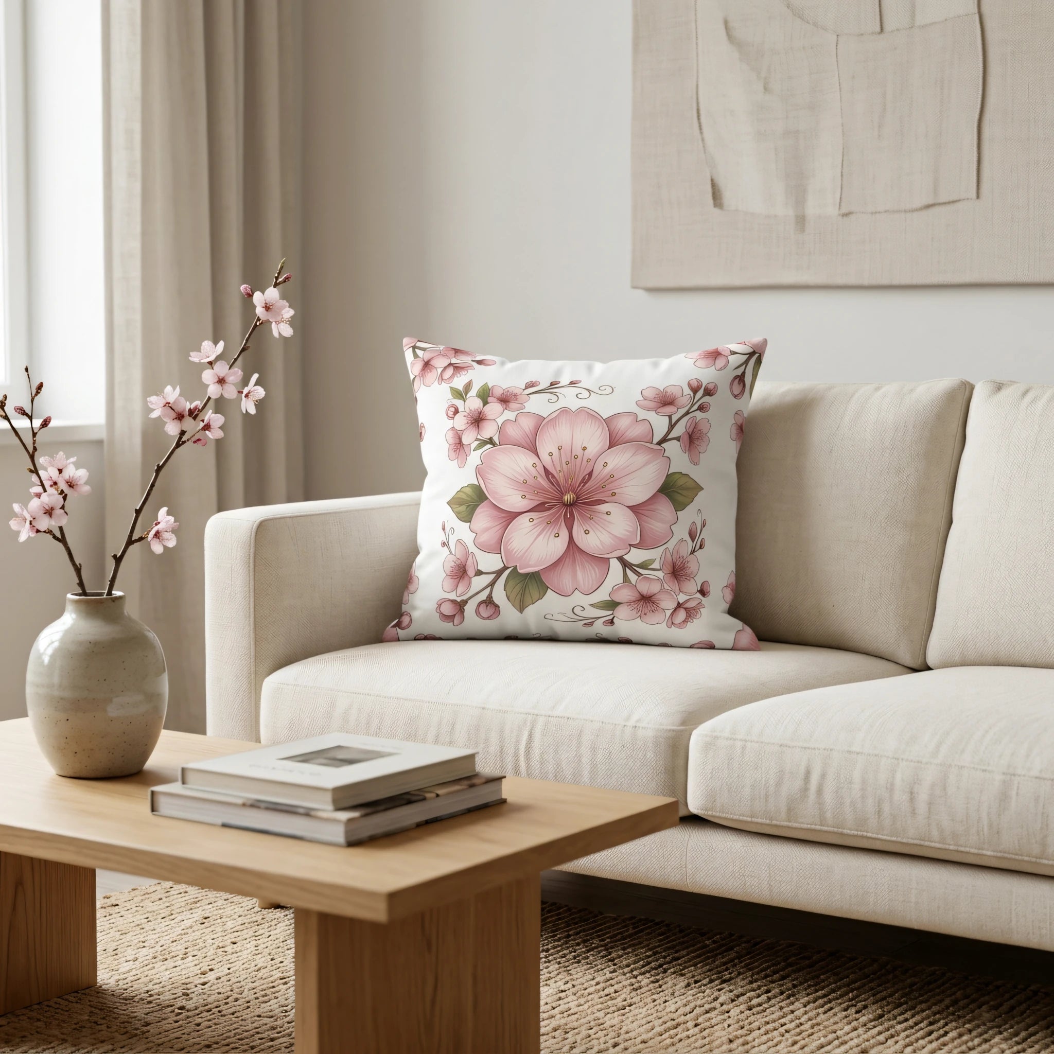 Pink cherry blossom floral pillow on a modern cream sofa in a minimalist living room setting with a wooden coffee table and flower vase.