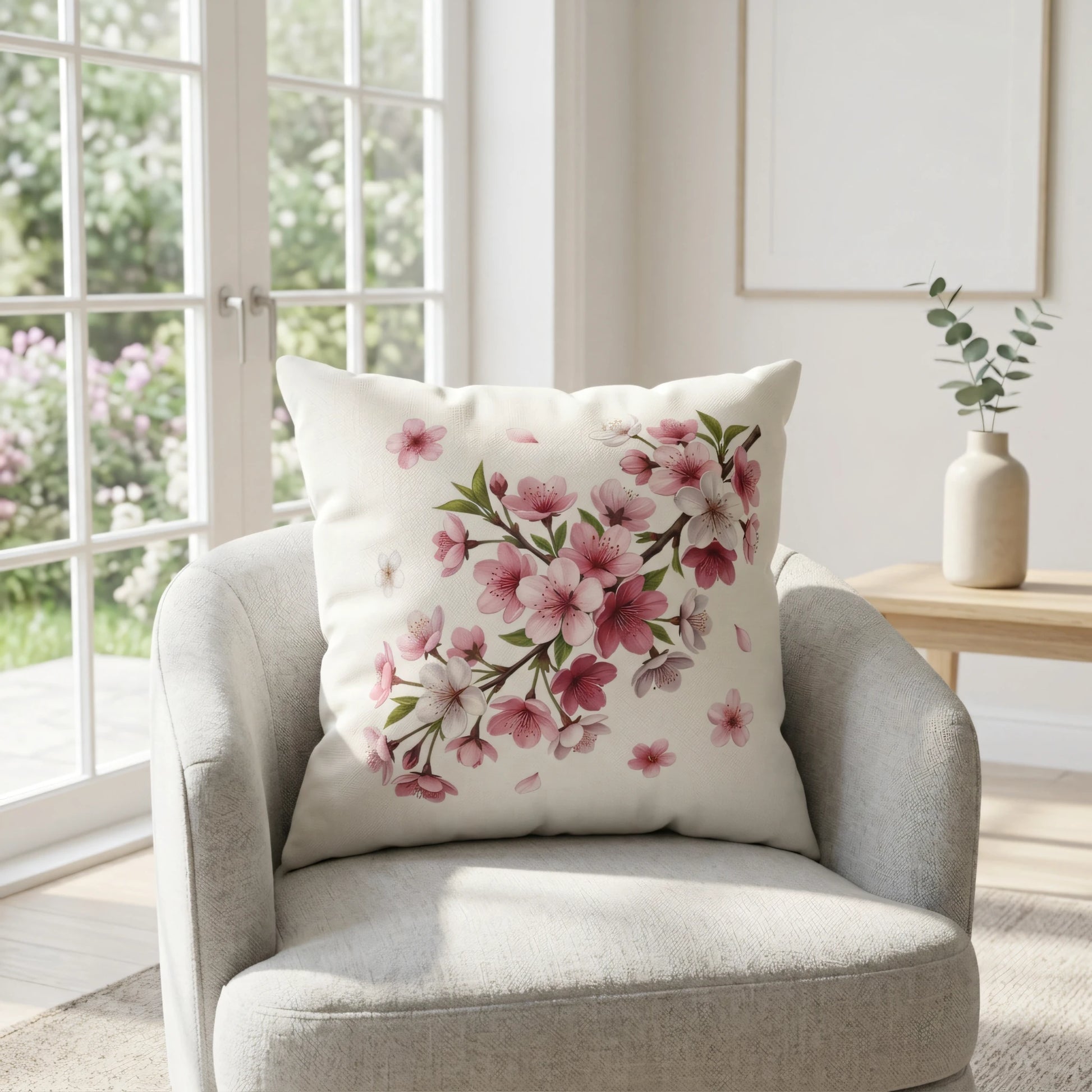 Decorative cherry blossom pillow with pink flowers on a grey armchair in a bright, sunlit room with garden views and modern decor.
