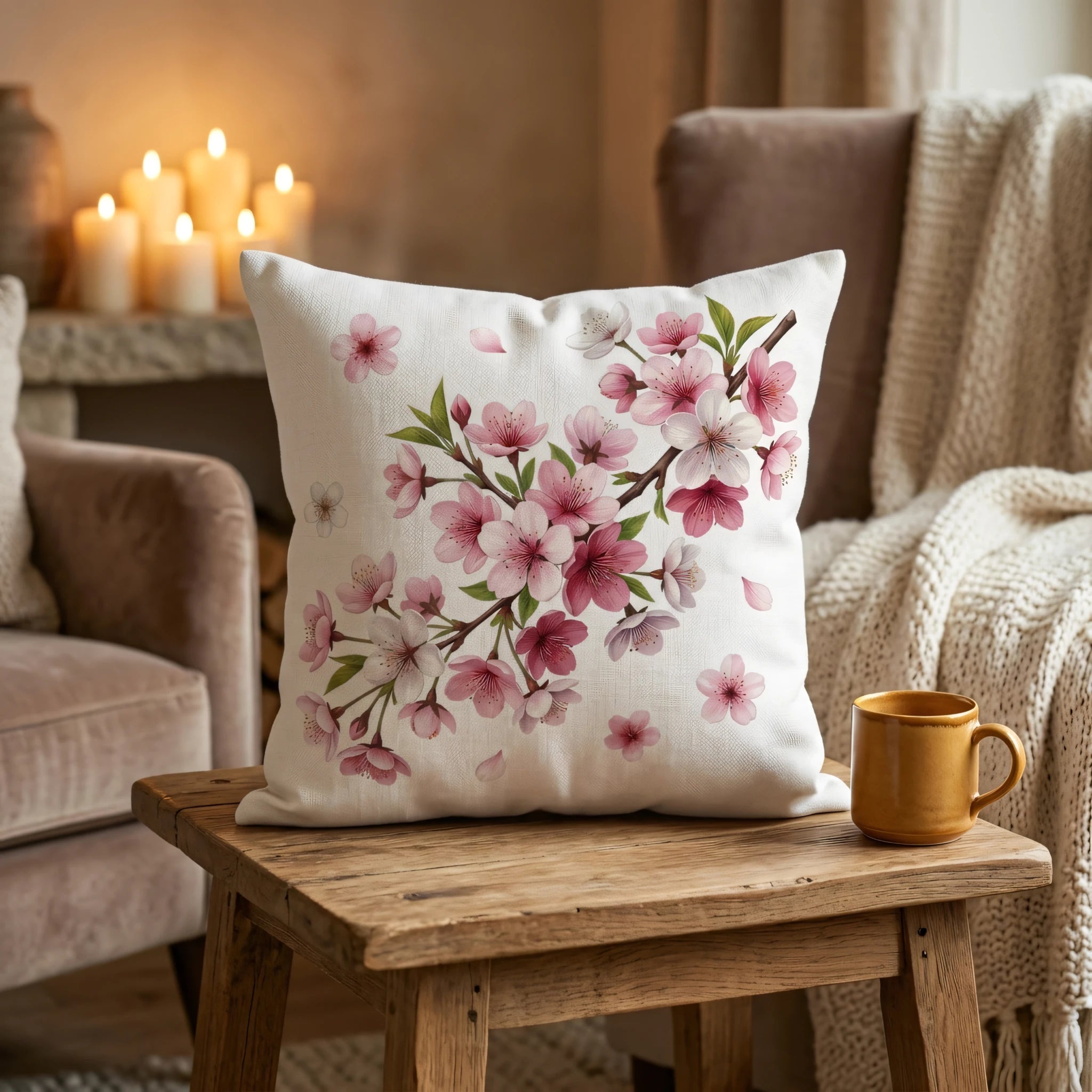Decorative terracotta cushion featuring pink cherry blossoms on a rustic wooden table with candles and a warm fireplace backdrop.
