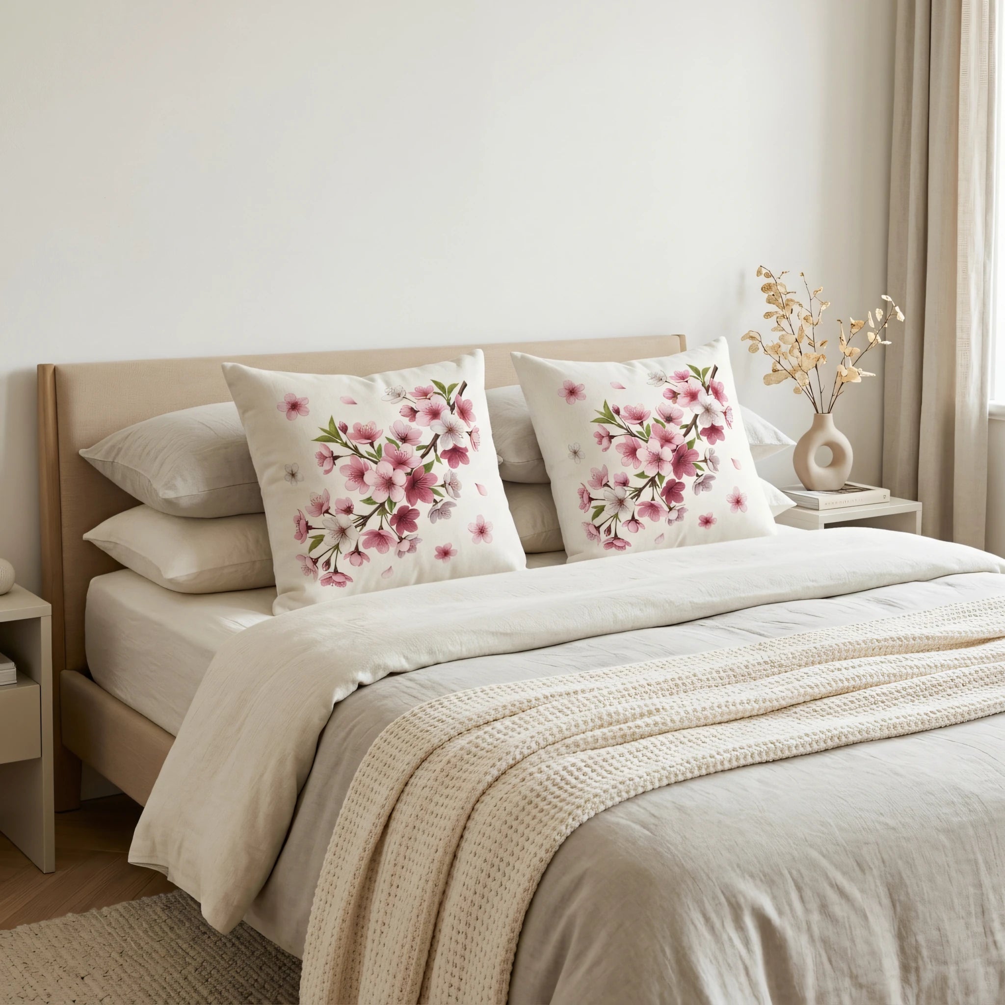 Two white cushions with pink cherry blossom floral designs on a beige bed with a knit throw in a minimalist bedroom setting.