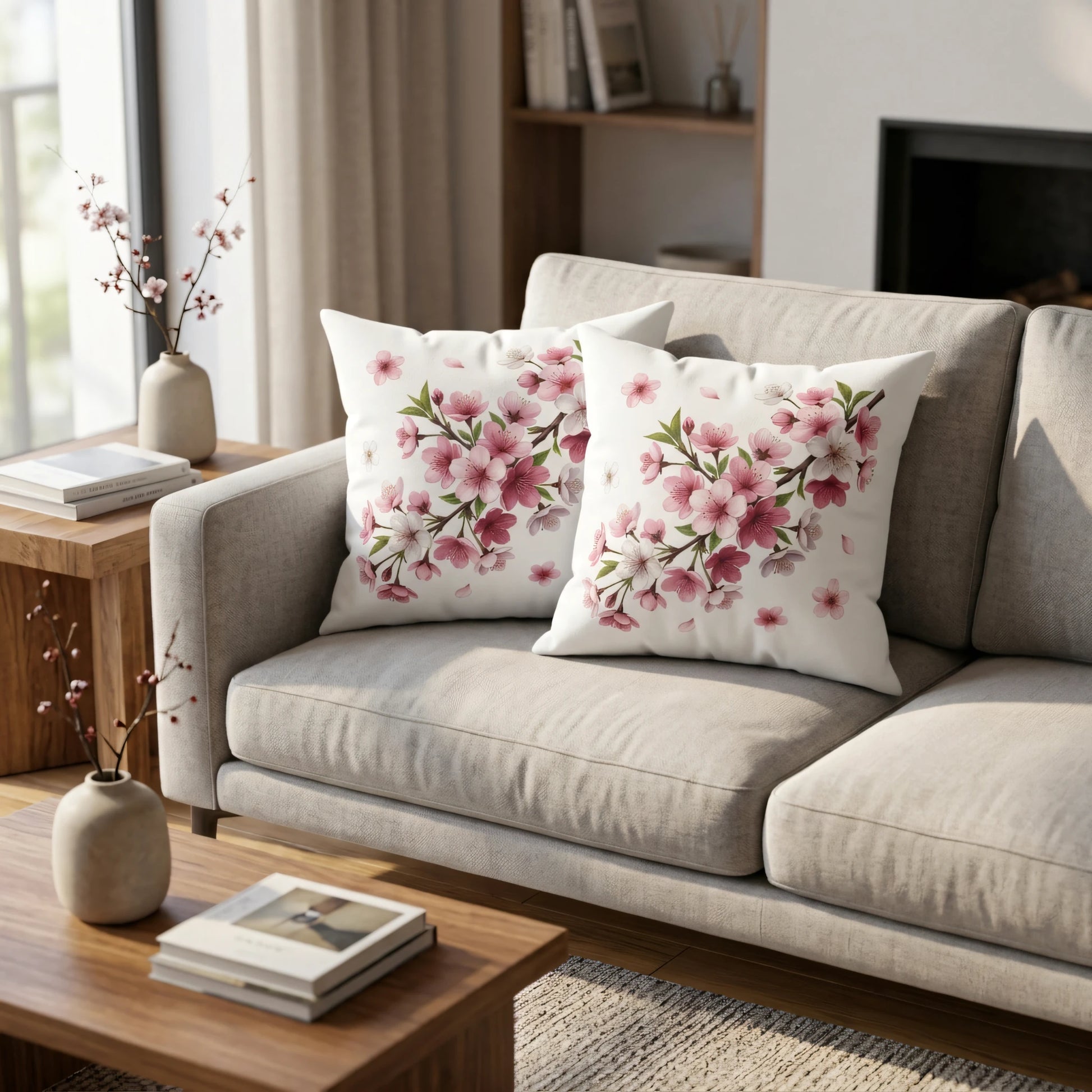 Pair of white decorative cushions featuring pink cherry blossom patterns on a light grey sofa in a modern living room setting.