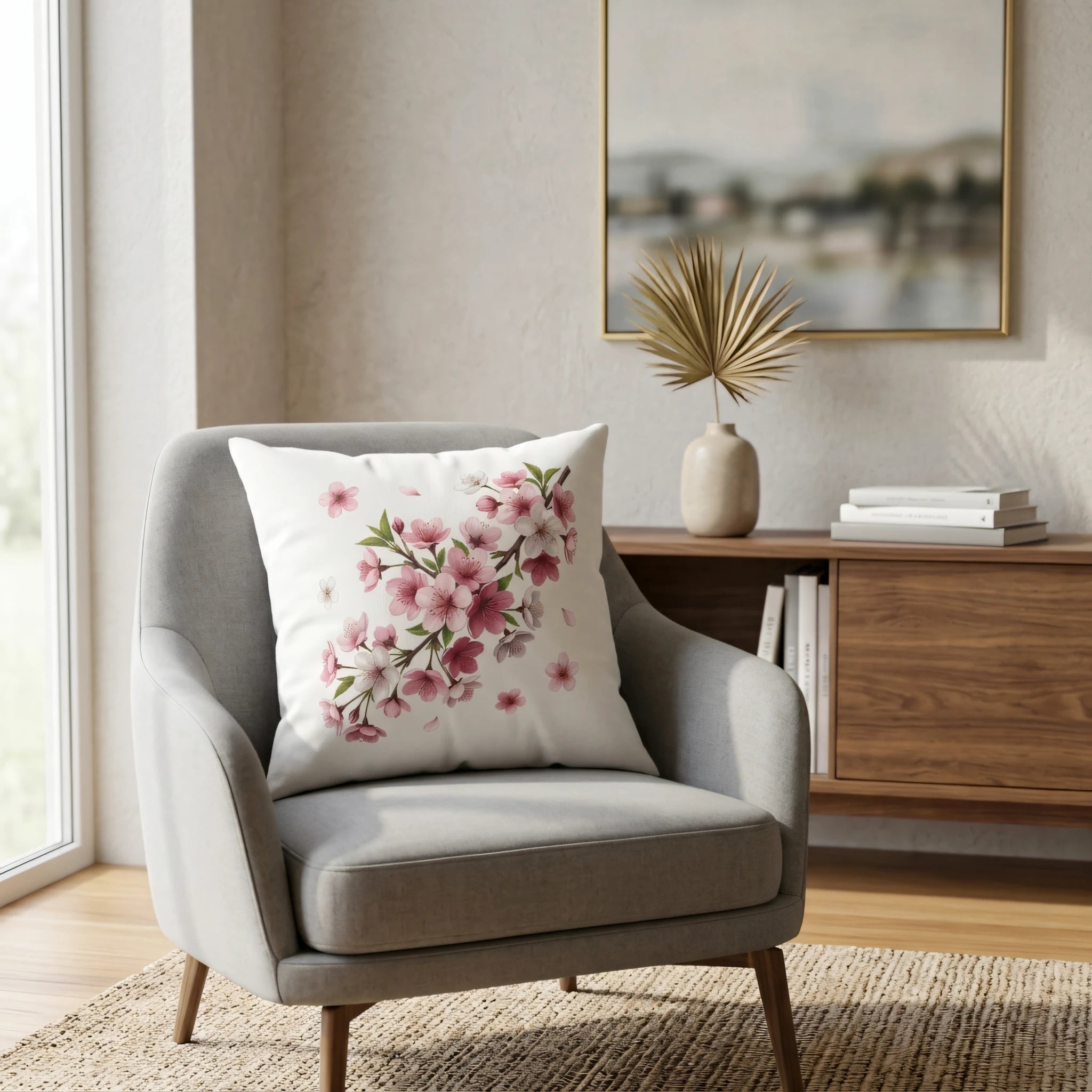 White pillow featuring a pink cherry blossom branch design on a grey armchair in a bright, modern living room with minimalist decor.