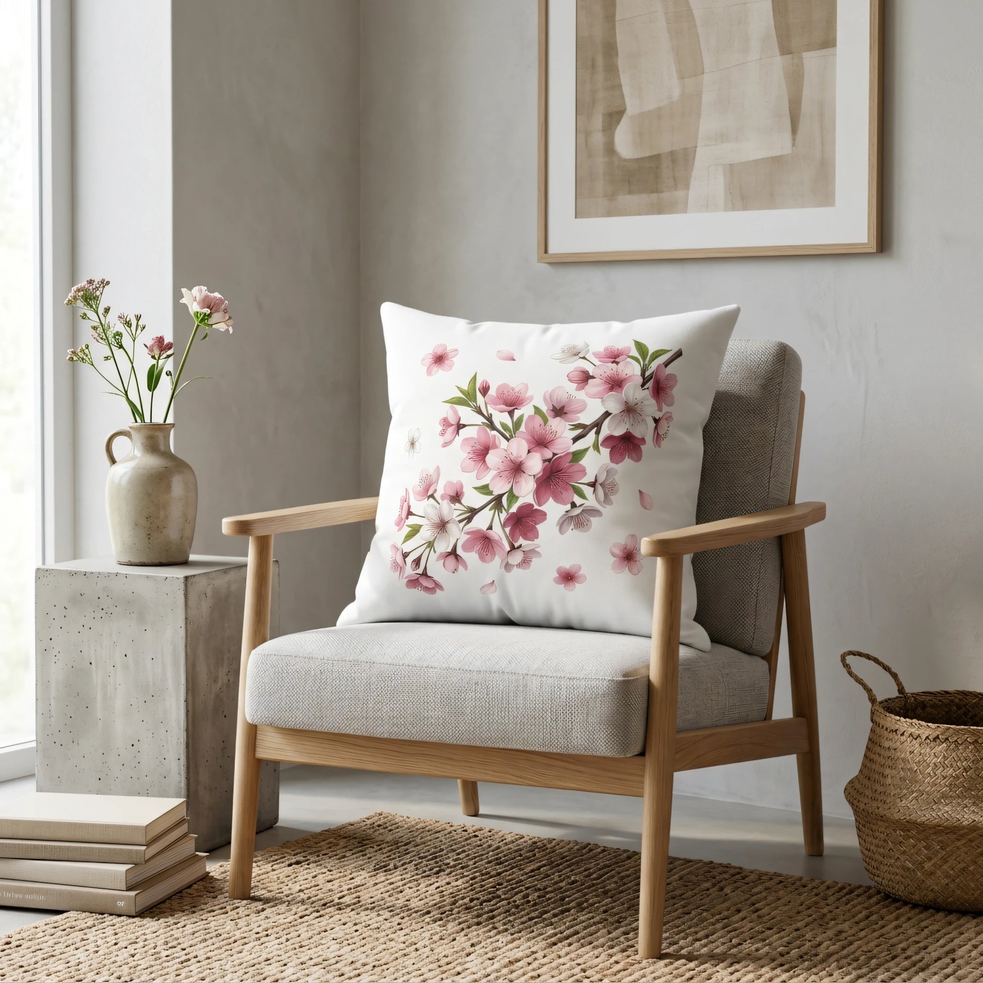 White throw pillow with pink cherry blossoms on a wooden armchair in a minimalist living room with neutral decor.