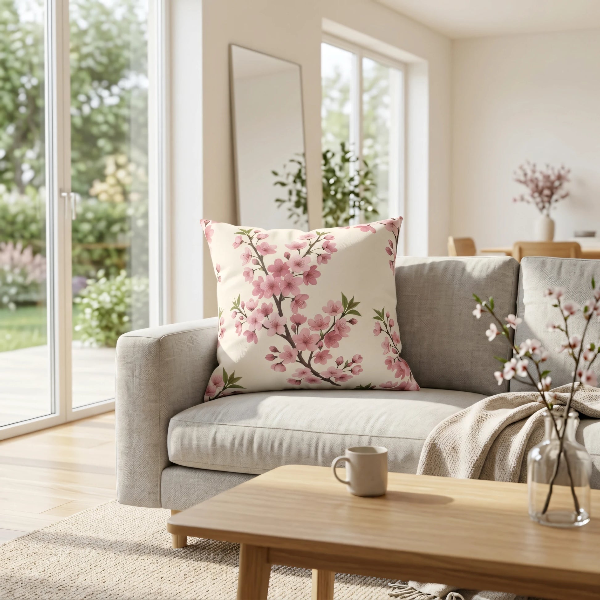 Cherry blossom pattern throw pillow on a light grey couch in a luminous, sunlit living room with natural wood furniture and floral decor.