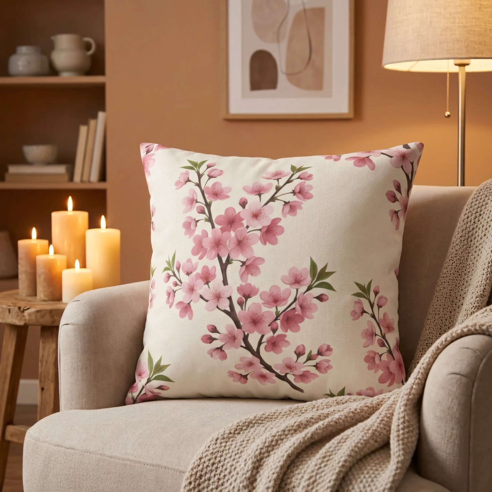 Floral cushion featuring pink cherry blossoms on a cream armchair in a cozy room with warm candlelight and a soft knit blanket.