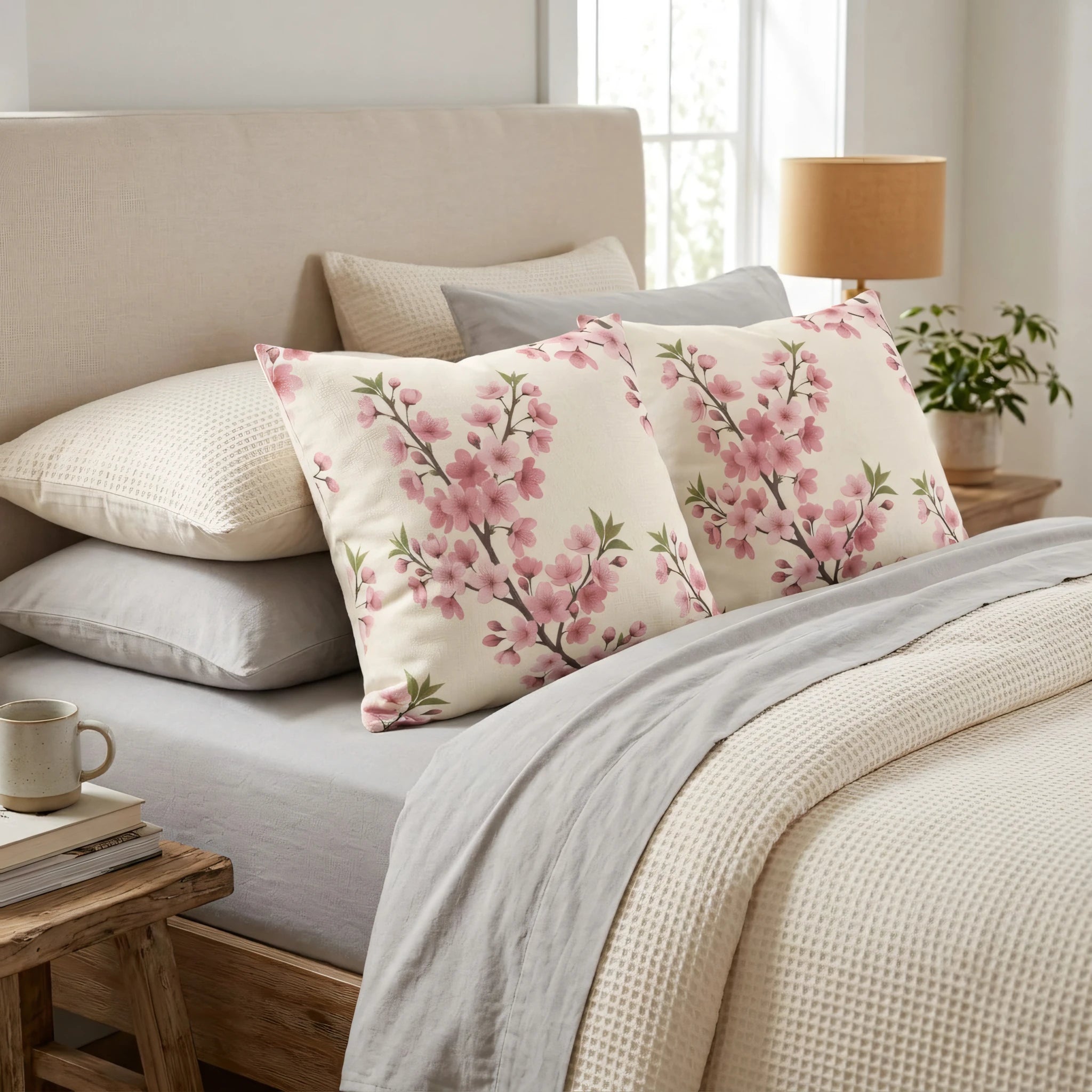 Decorative cherry blossom cushions with pink floral patterns on a neutral bed with grey bedding and a wooden nightstand in a cozy bedroom.