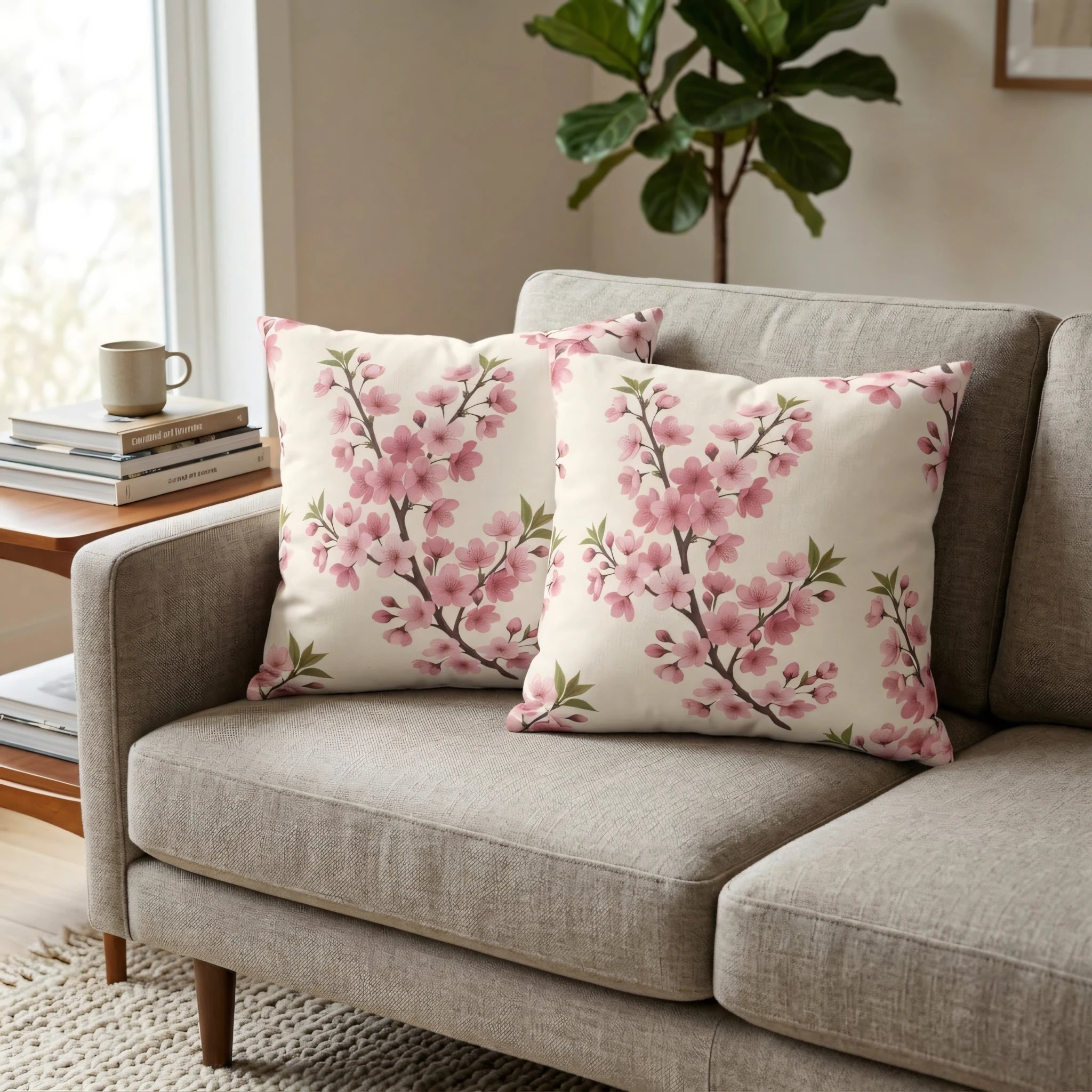 Two decorative cushions with pink cherry blossom floral prints on a gray sofa in a modern living room setting with a plant and side table.