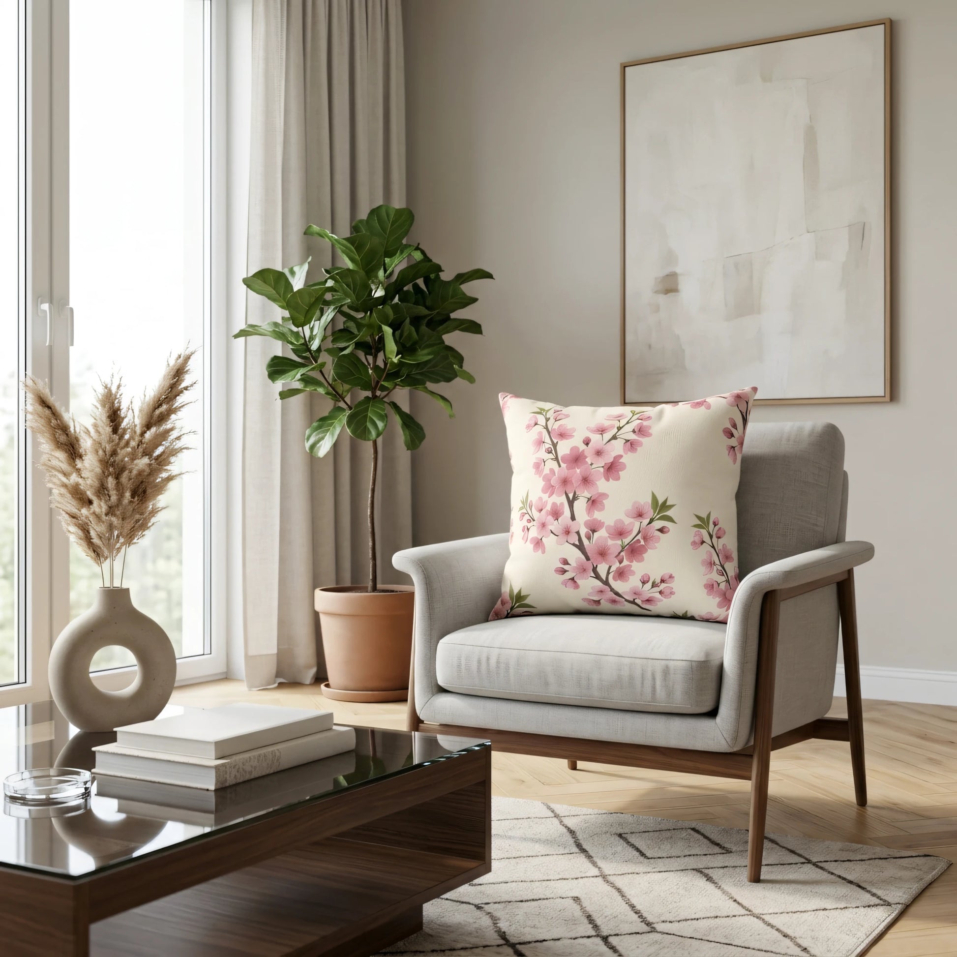 Cream cushion with pink cherry blossom pattern on a gray armchair in a modern living room lifestyle setting with minimalist wooden furniture.