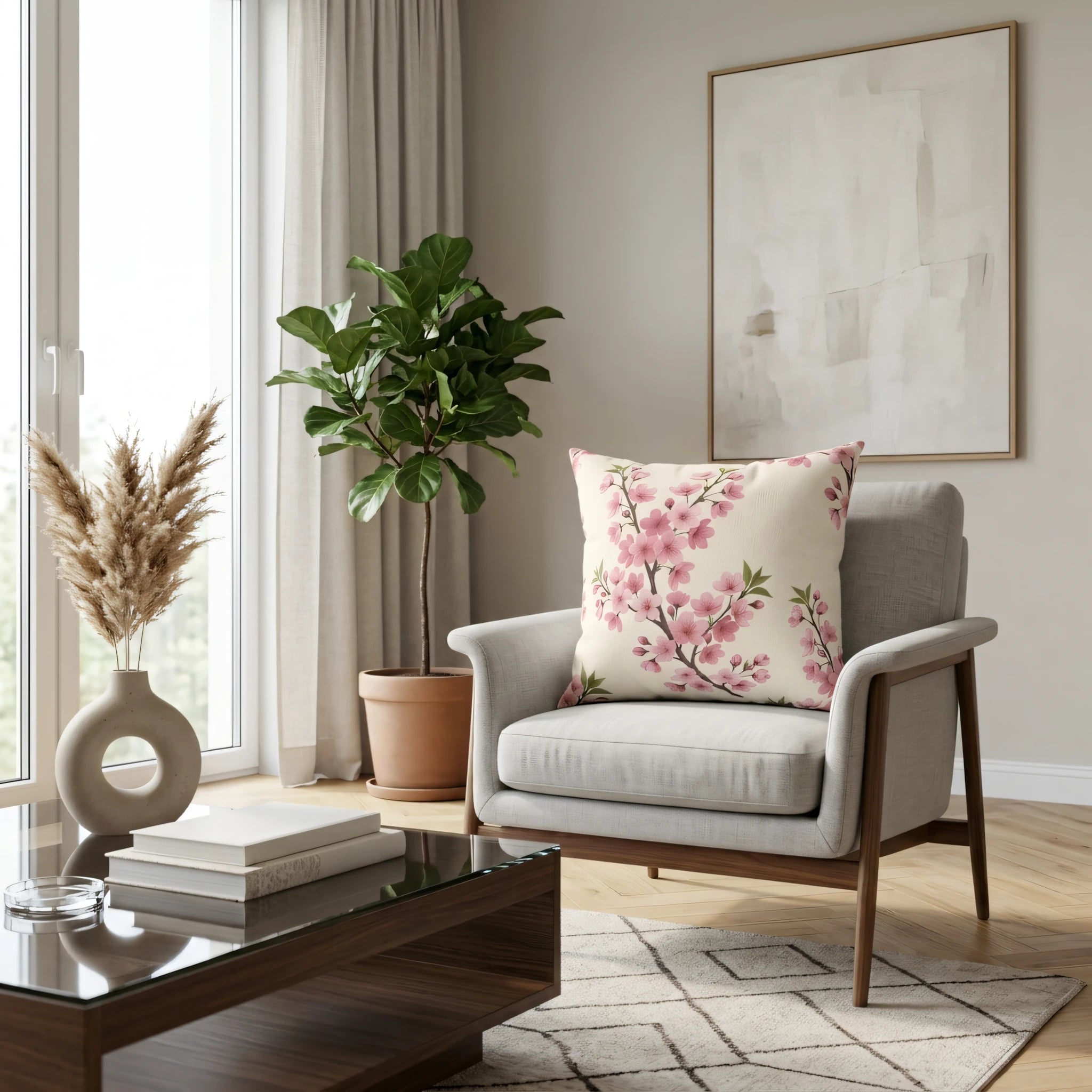 Cream cushion with pink cherry blossom pattern on a gray armchair in a modern living room lifestyle setting with minimalist wooden furniture.