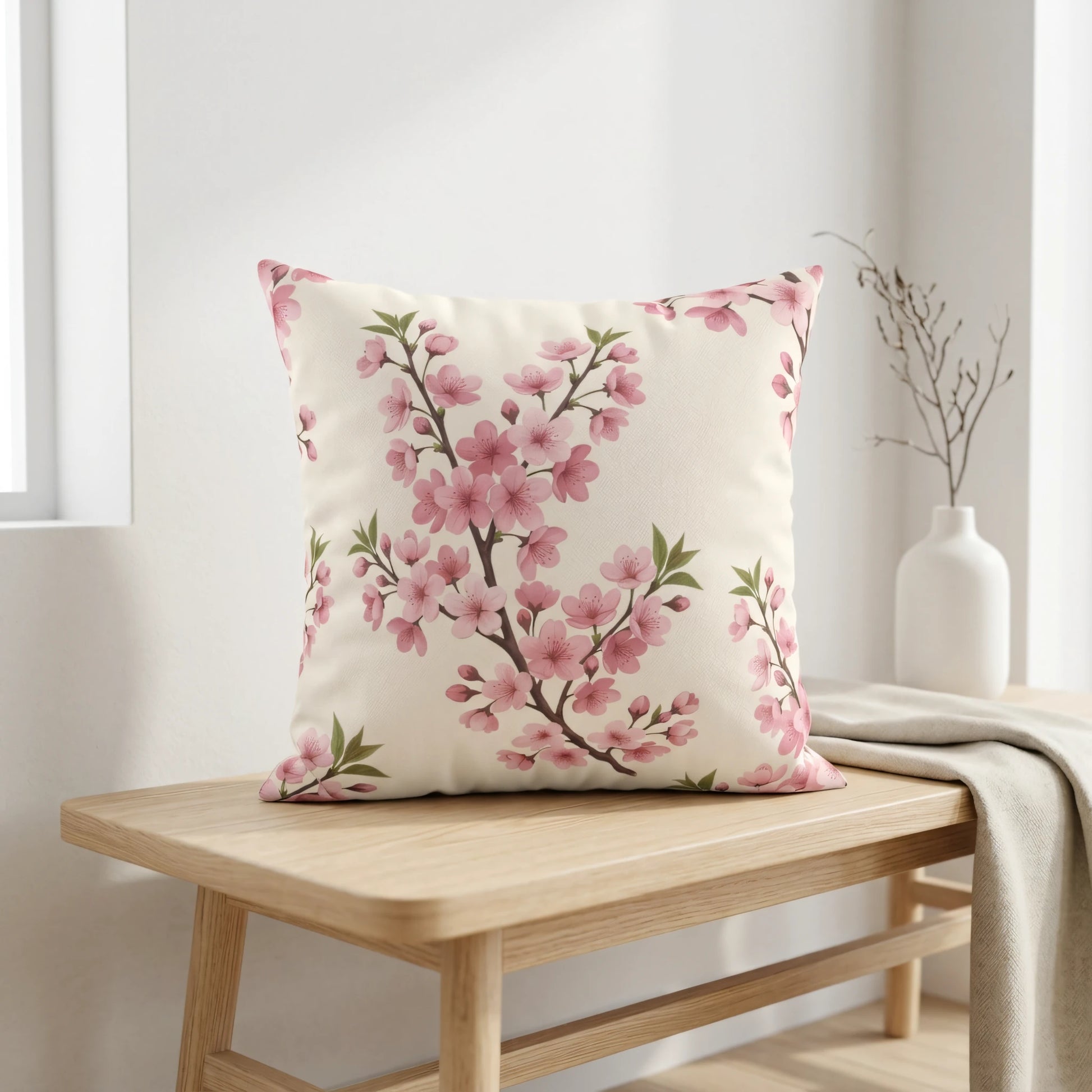 Pink cherry blossom floral pillow on a light wood bench in a minimalist room setting with a white vase and a soft neutral throw blanket.