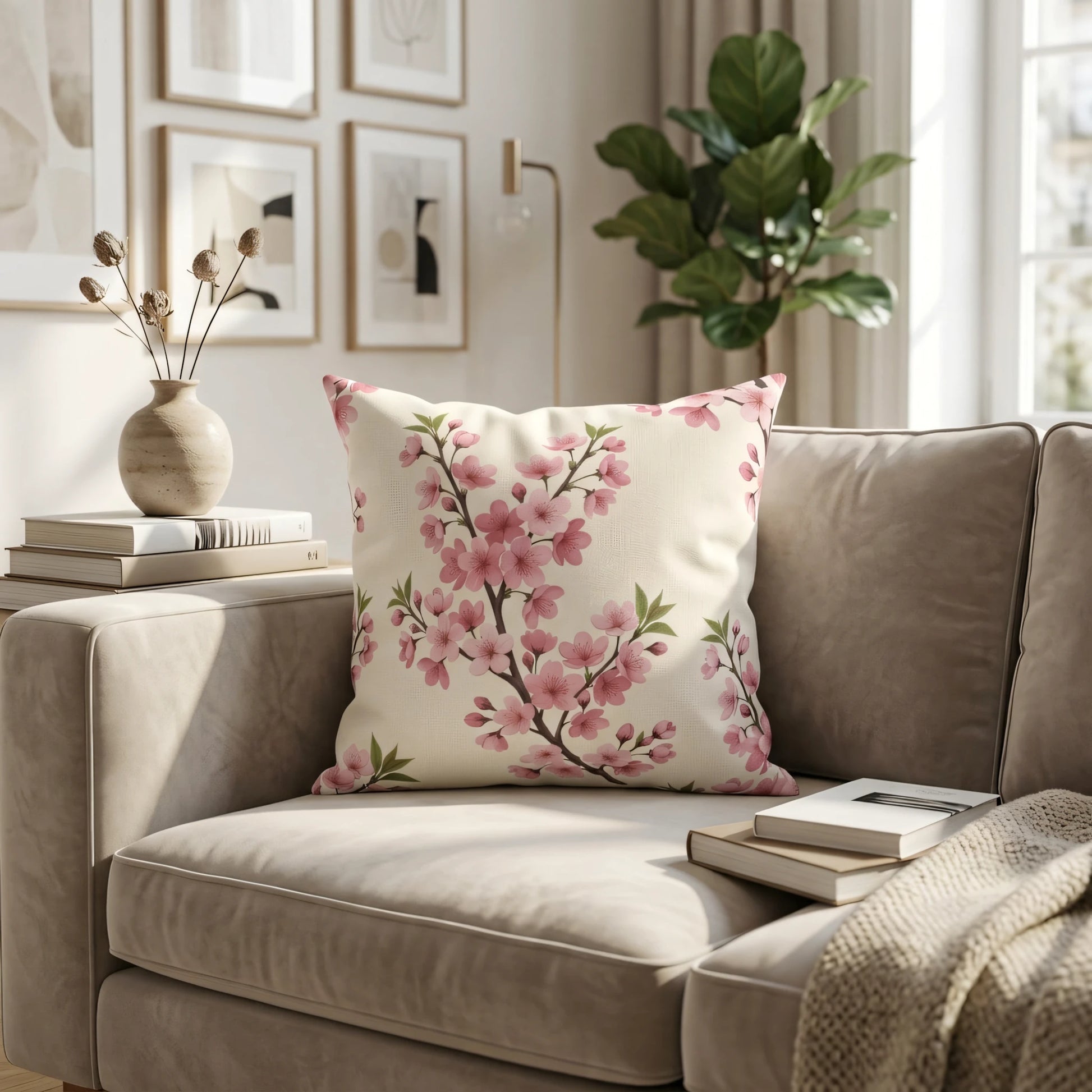 Decorative cherry blossom cushion with pink floral pattern on a beige sofa in a modern minimalist living room with houseplant and framed wall art.