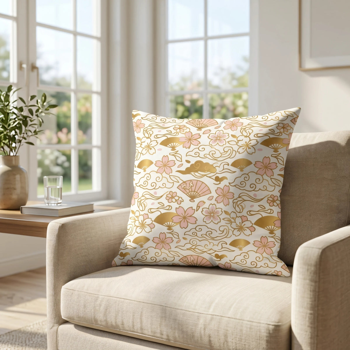 Elegant Chiyogami Style Cushion Cover Cream and Rose, lifestyle view.