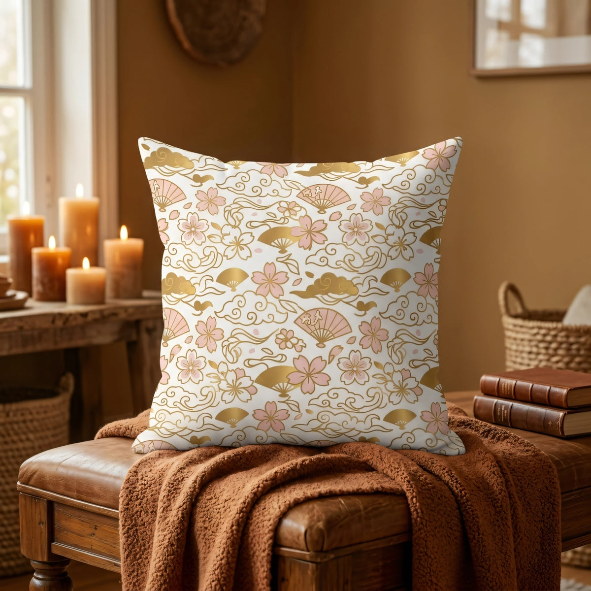 Elegant Chiyogami Style Cushion Cover Cream and Rose, lifestyle view.