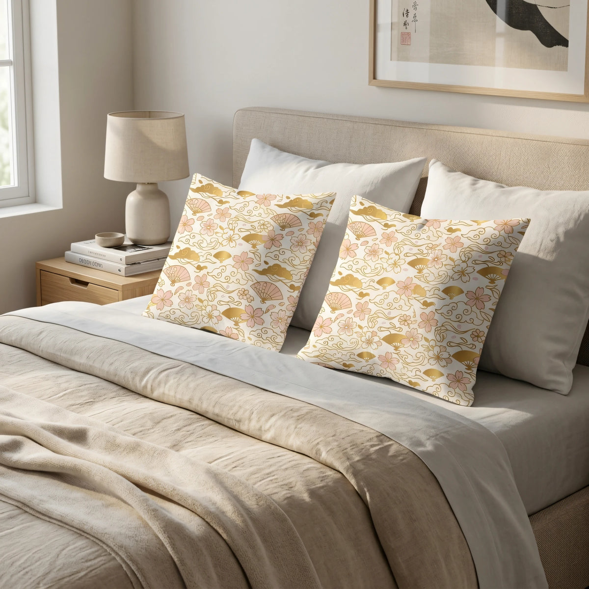Elegant Chiyogami Style Cushion Cover Cream and Rose, lifestyle view.