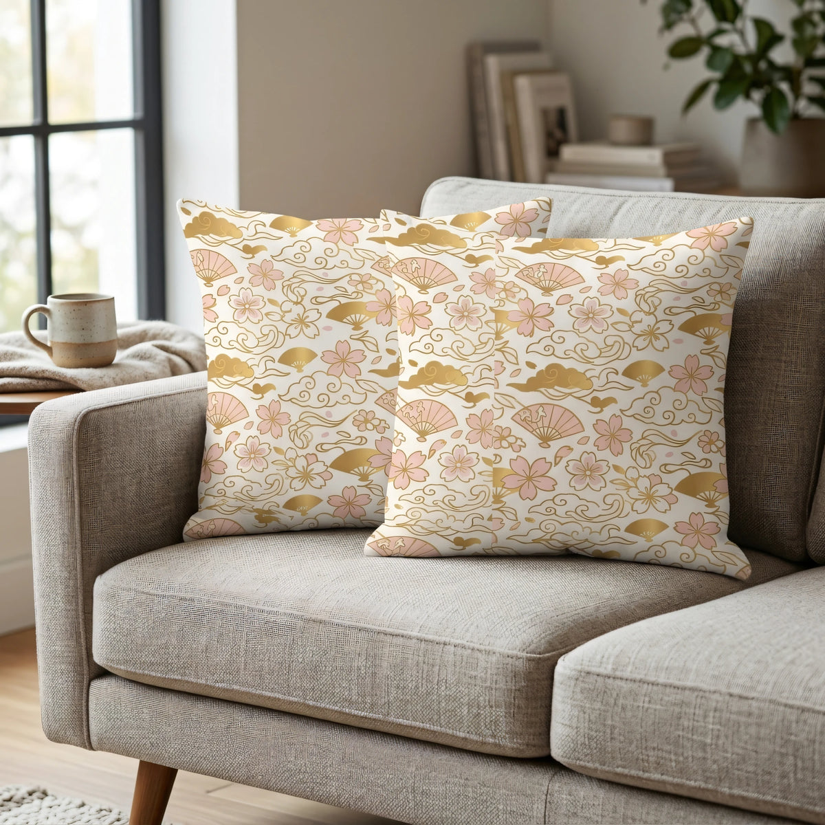 Elegant Chiyogami Style Cushion Cover Cream and Rose, lifestyle view.