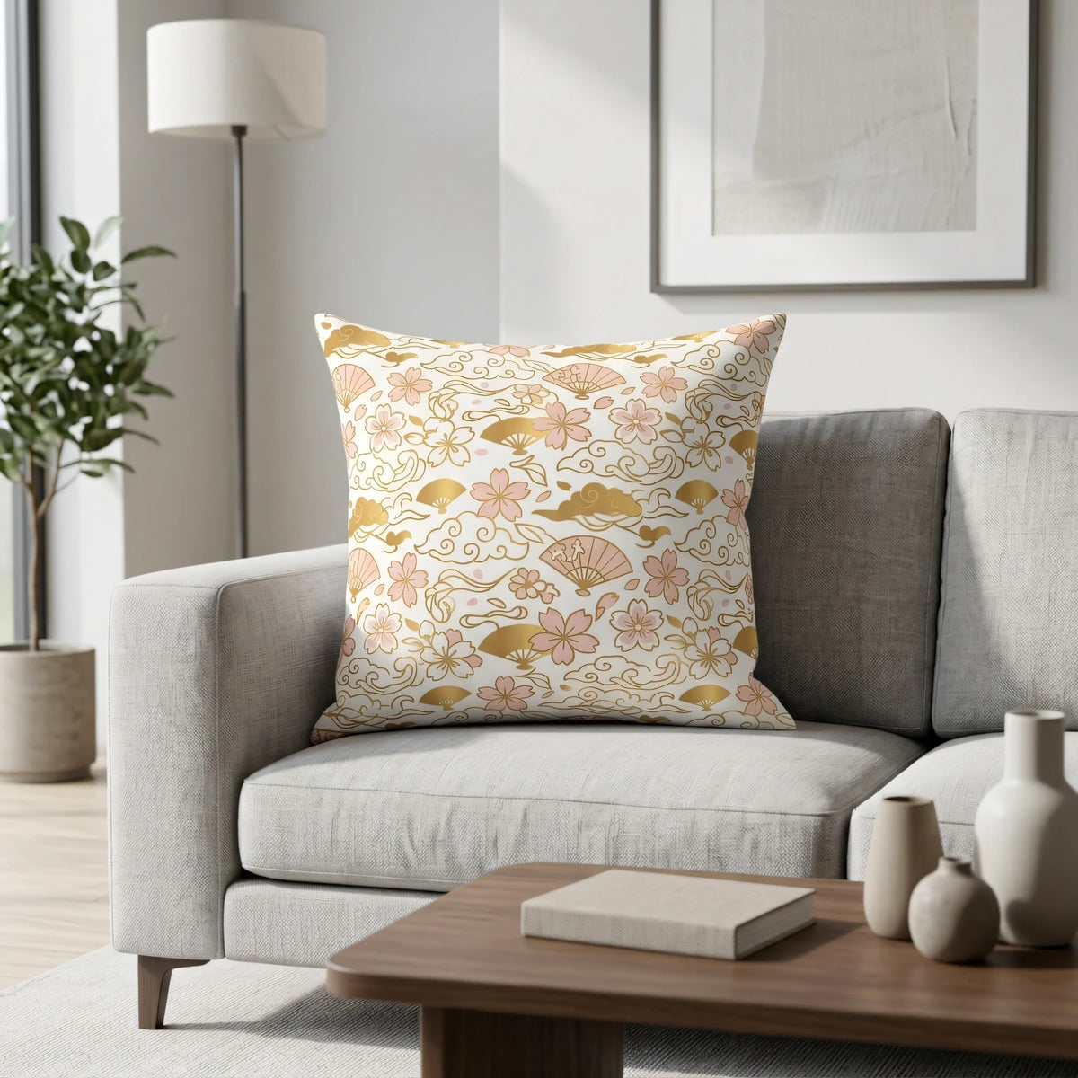 Elegant Chiyogami Style Cushion Cover Cream and Rose, lifestyle view.