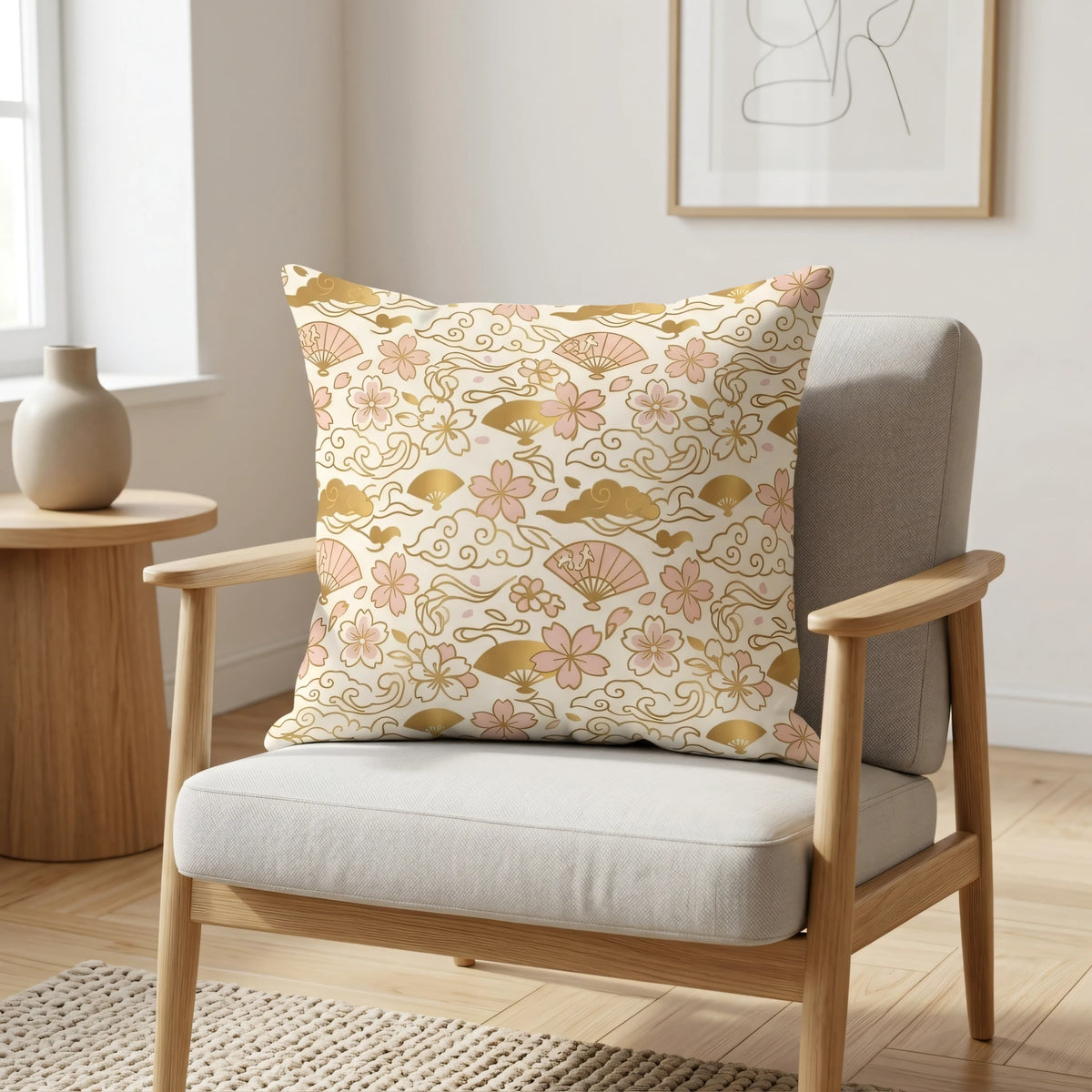 Elegant Chiyogami Style Cushion Cover Cream and Rose, lifestyle view.