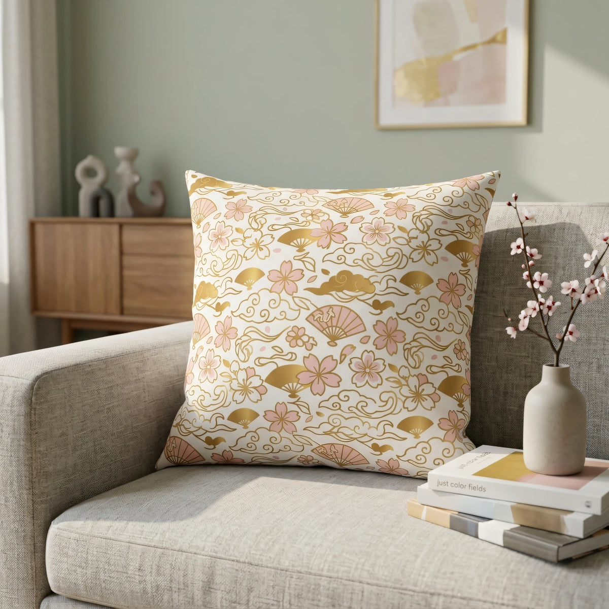 Elegant Chiyogami Style Cushion Cover Cream and Rose, lifestyle view.