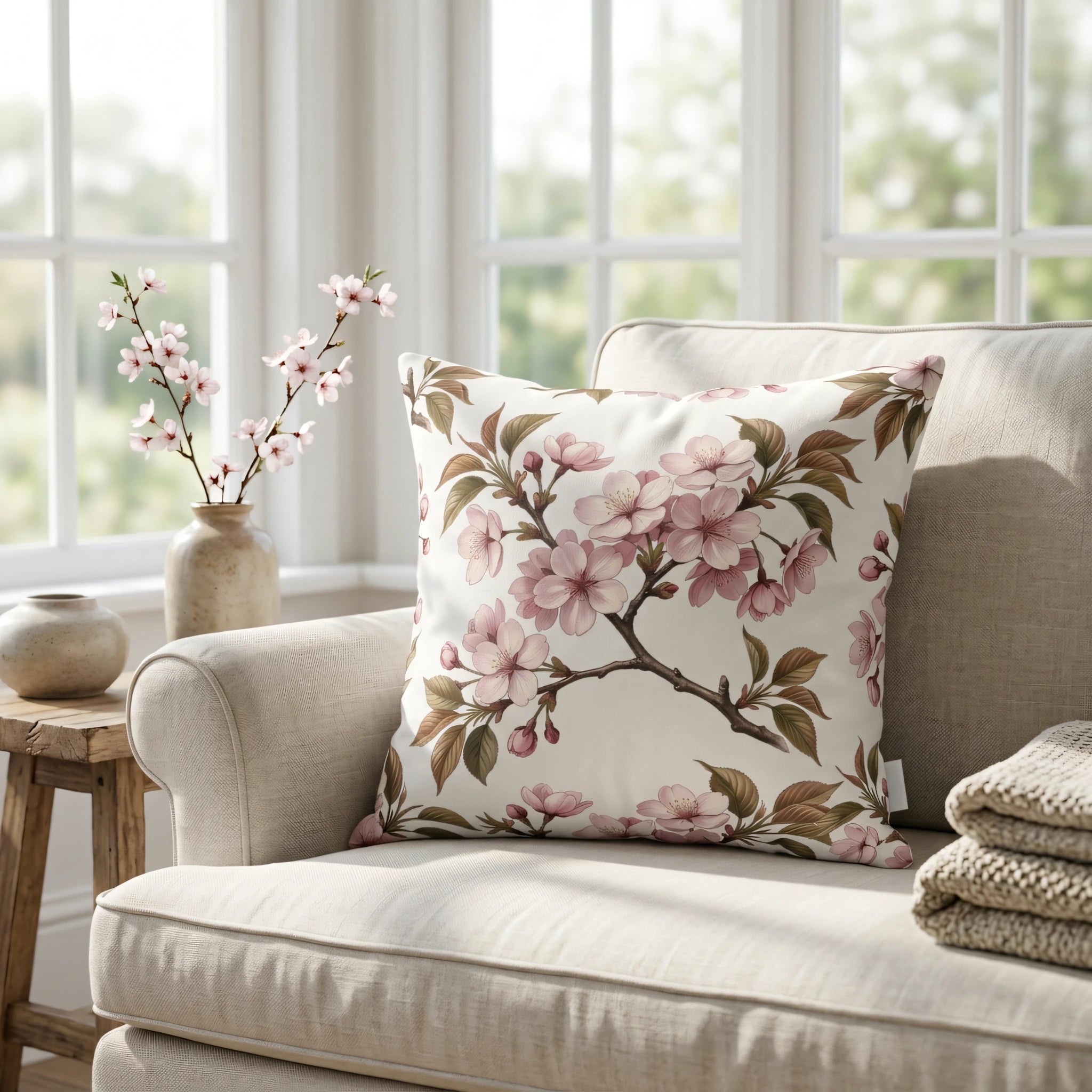 Decorative throw pillow featuring a pink cherry blossom floral pattern on a beige sofa in a bright, sunlit living room lifestyle setting.