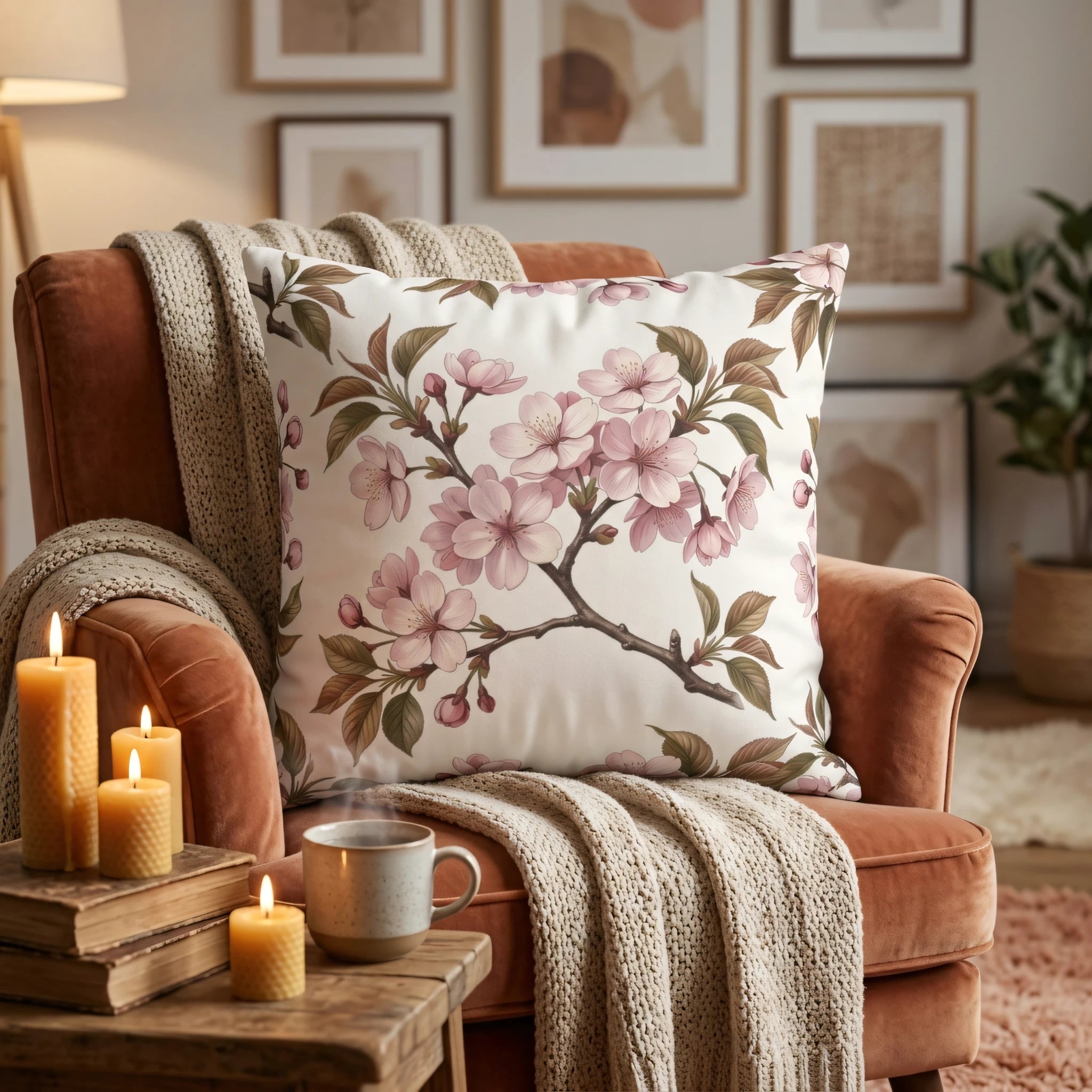 Decorative cherry blossom pillow on a terracotta velvet chair featuring a cozy living room scene with candles and books.