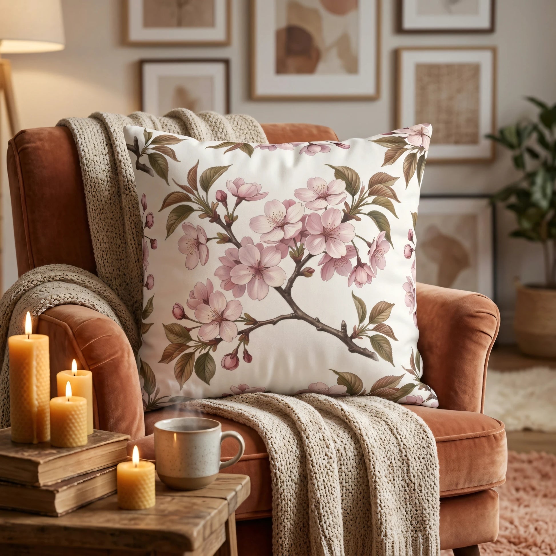 Decorative cherry blossom pillow on a terracotta velvet chair featuring a cozy living room scene with candles and books.