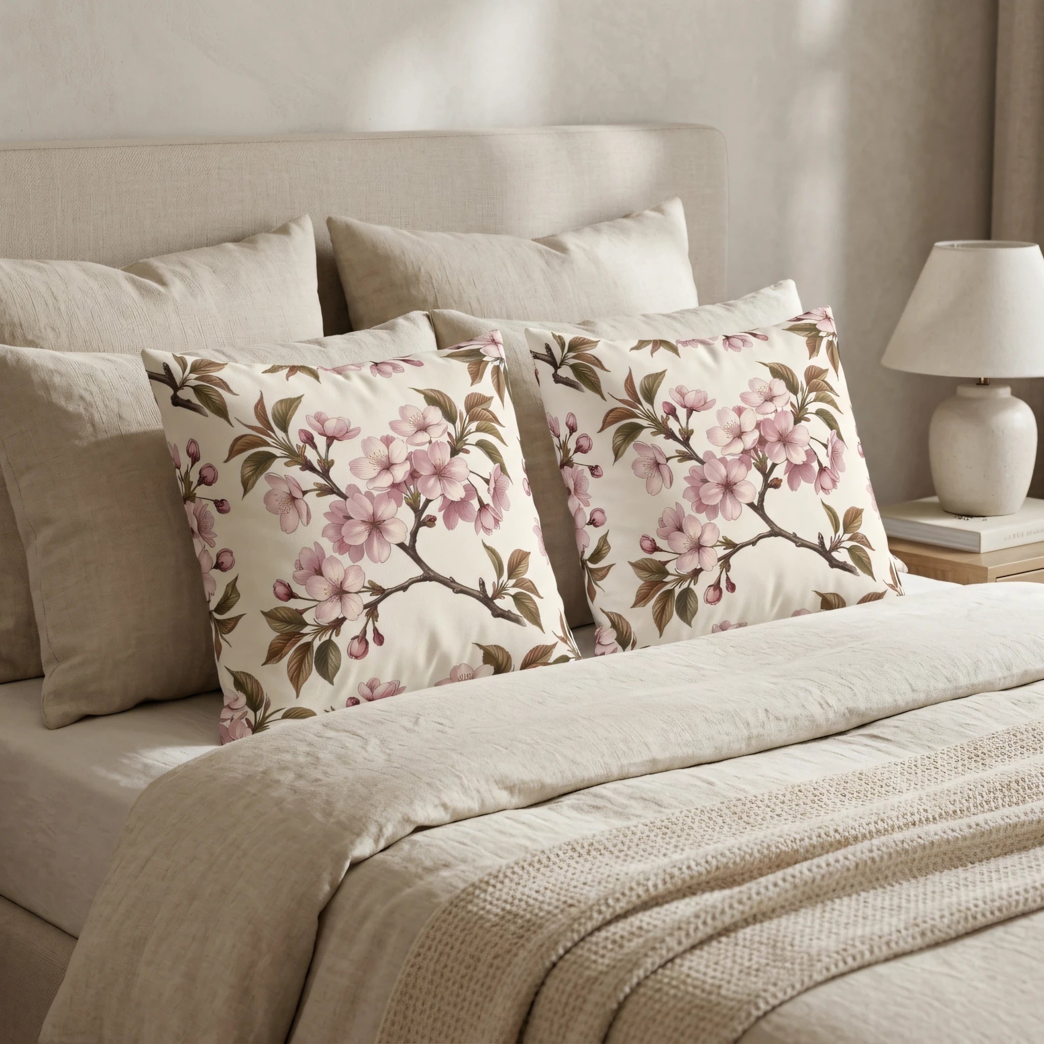 Two decorative pillows with pink cherry blossom prints on a beige bed with neutral linen bedding and a modern bedside lamp.