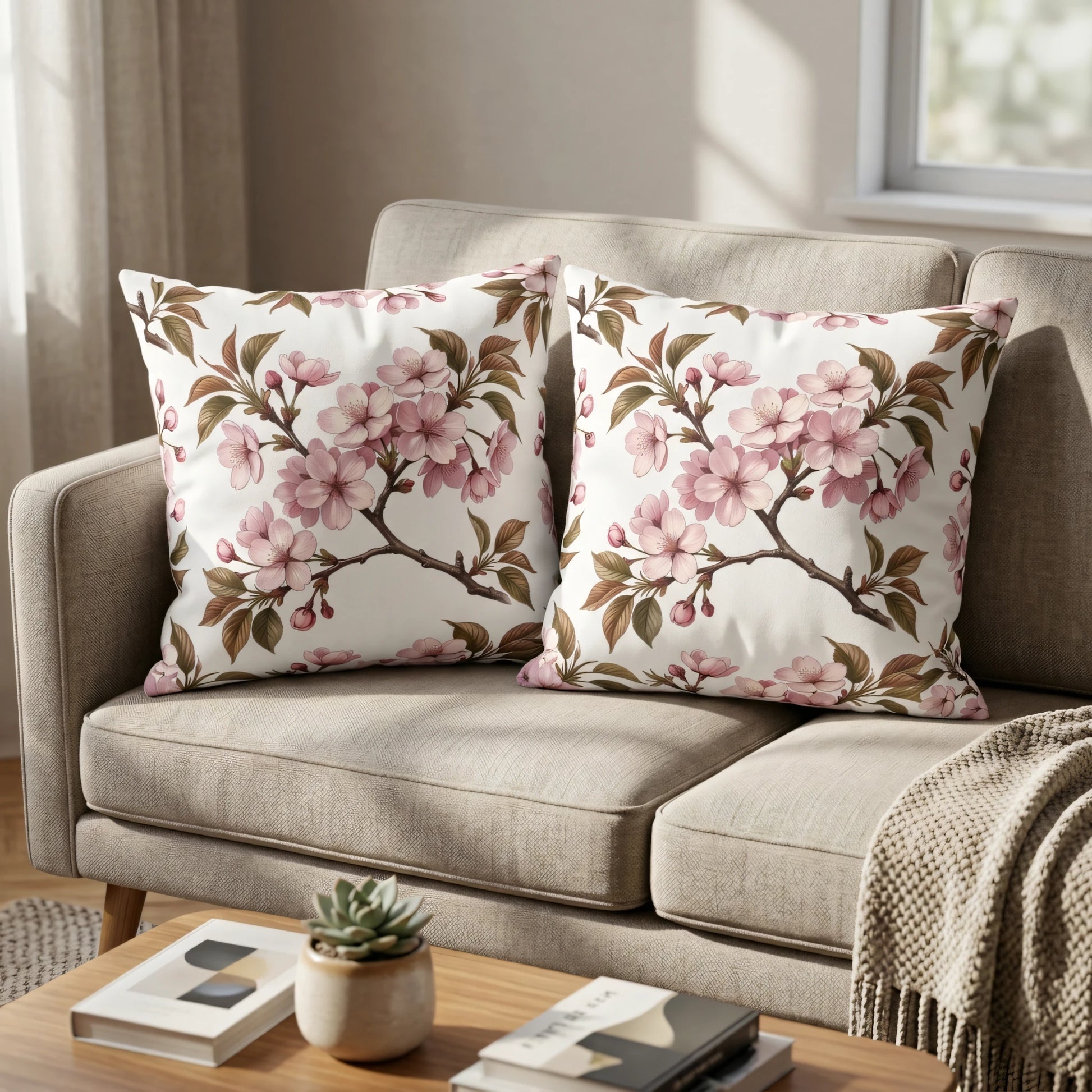 Two decorative throw pillows with pink cherry blossom patterns on a beige sofa in a bright living room lifestyle setting.
