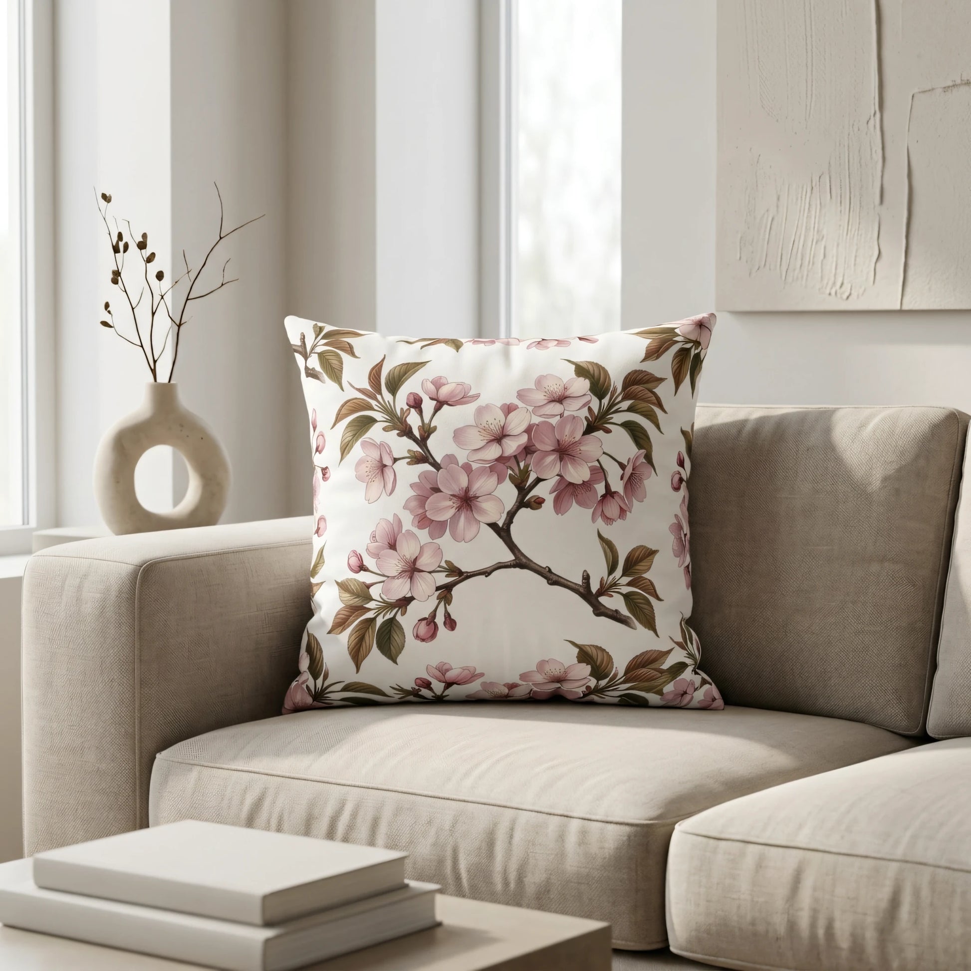 Decorative throw pillow with pink cherry blossom floral design on a beige sofa in a minimalist modern living room interior.