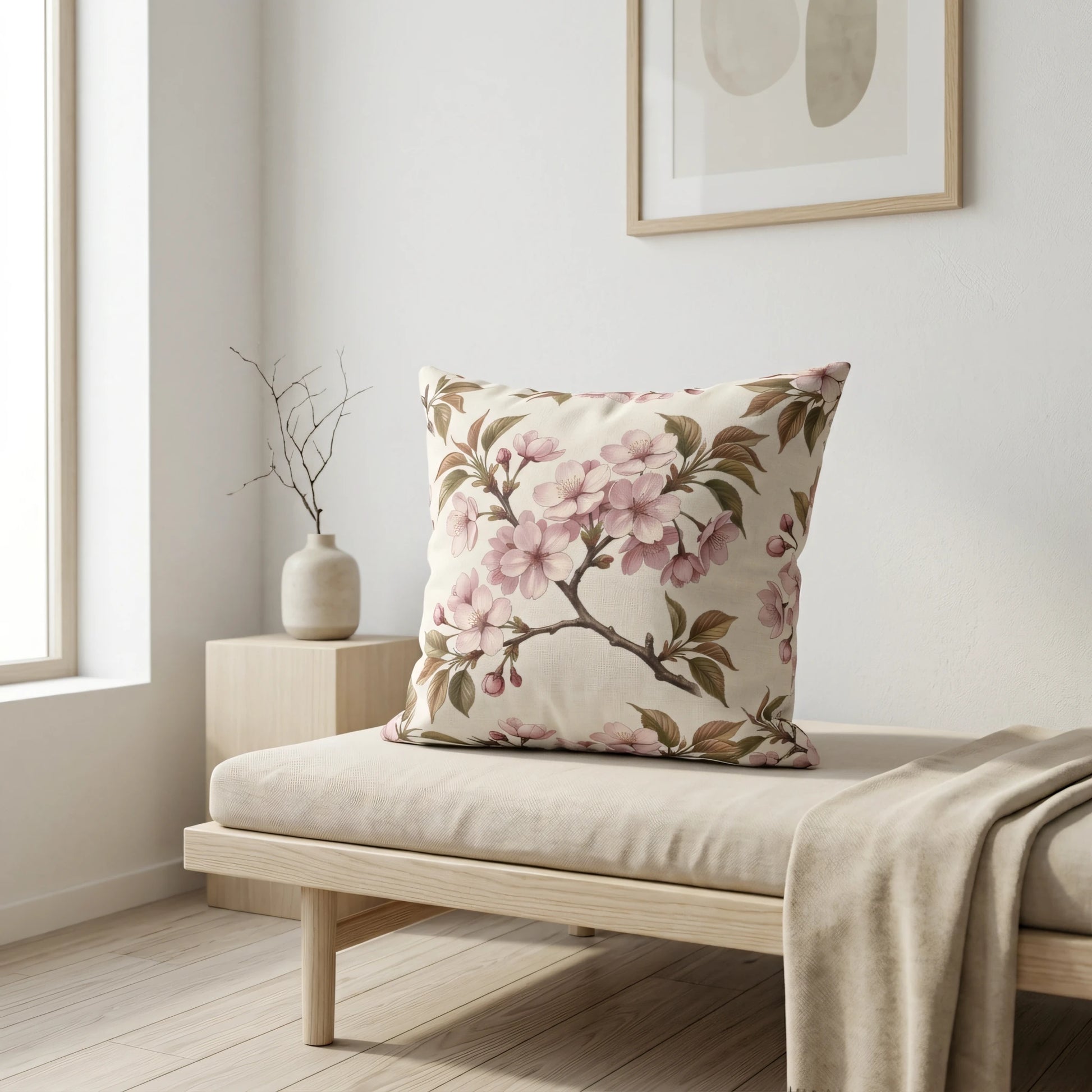 Floral pillow with pink cherry blossom branch design on a wooden daybed in a bright minimalist interior with neutral colors and natural light.