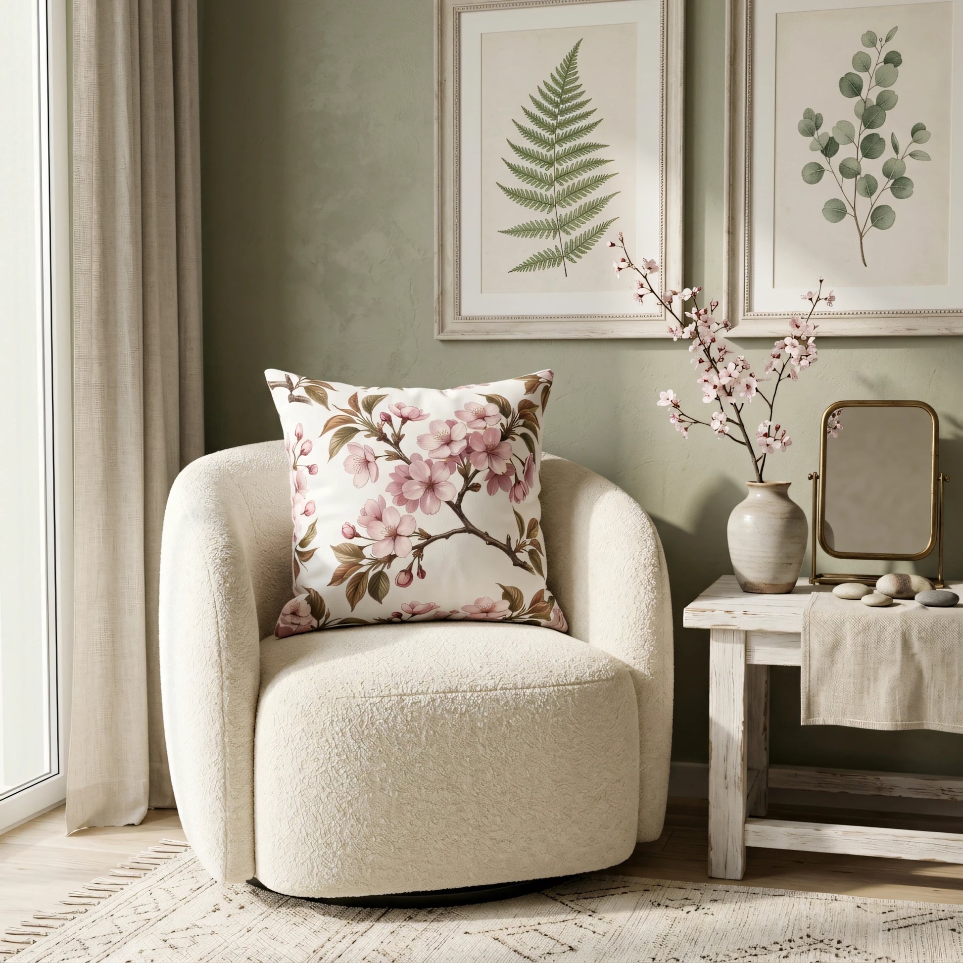 Floral pink cherry blossom pillow on a white sherpa armchair in a serene room with sage green walls and framed botanical wall art.