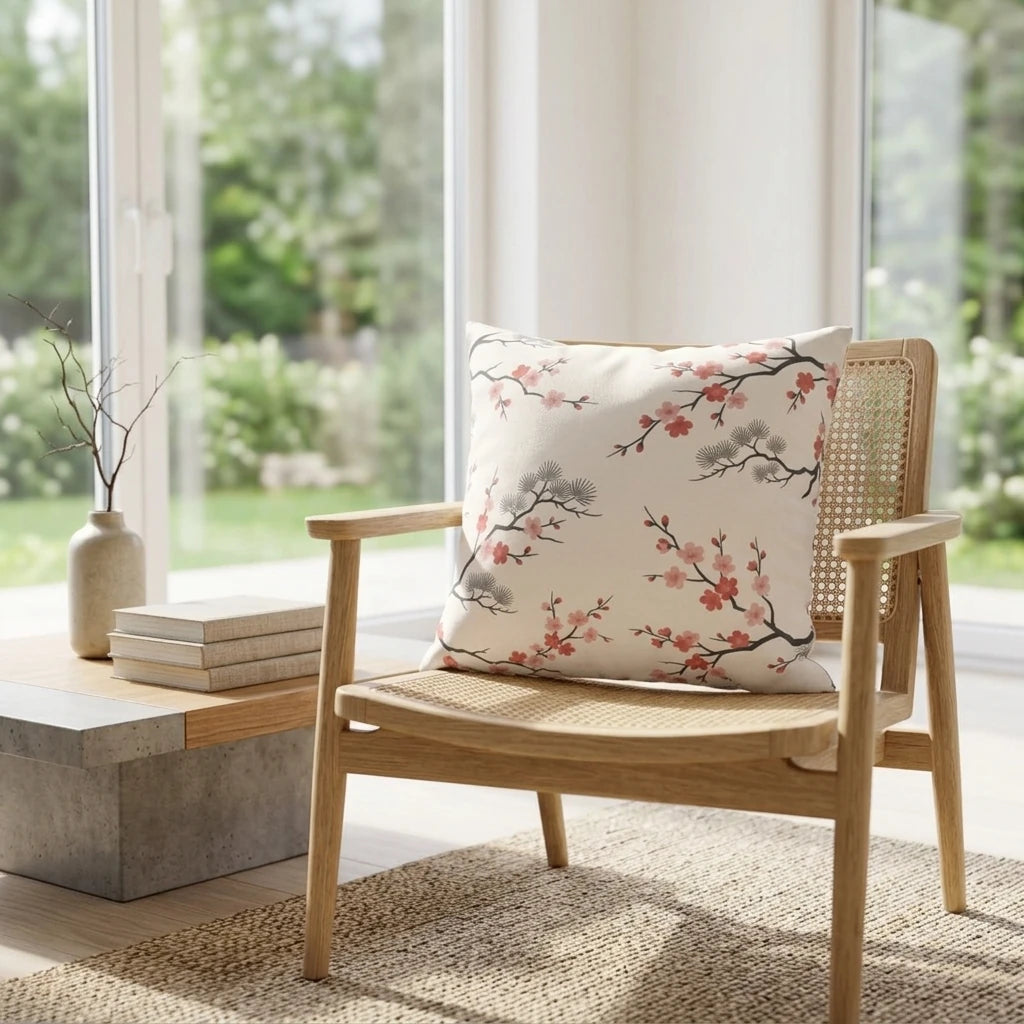 Floral cushion with pink cherry blossoms on a wooden cane chair in a bright Japandi style room with natural light and scenic garden view.