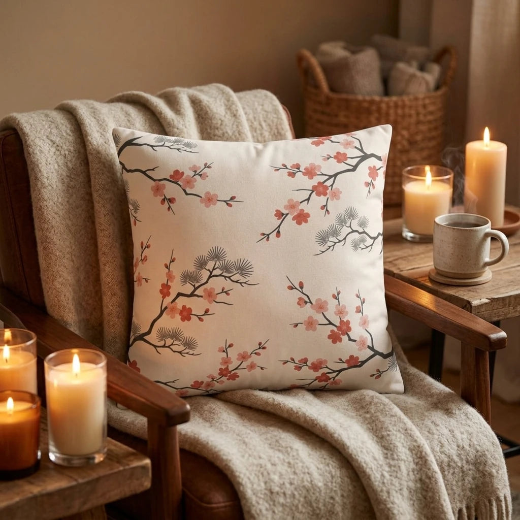 Cherry blossom cushion with pink flowers on cream fabric, styled on a wooden chair with a beige throw and glowing candles in a cozy room setting.