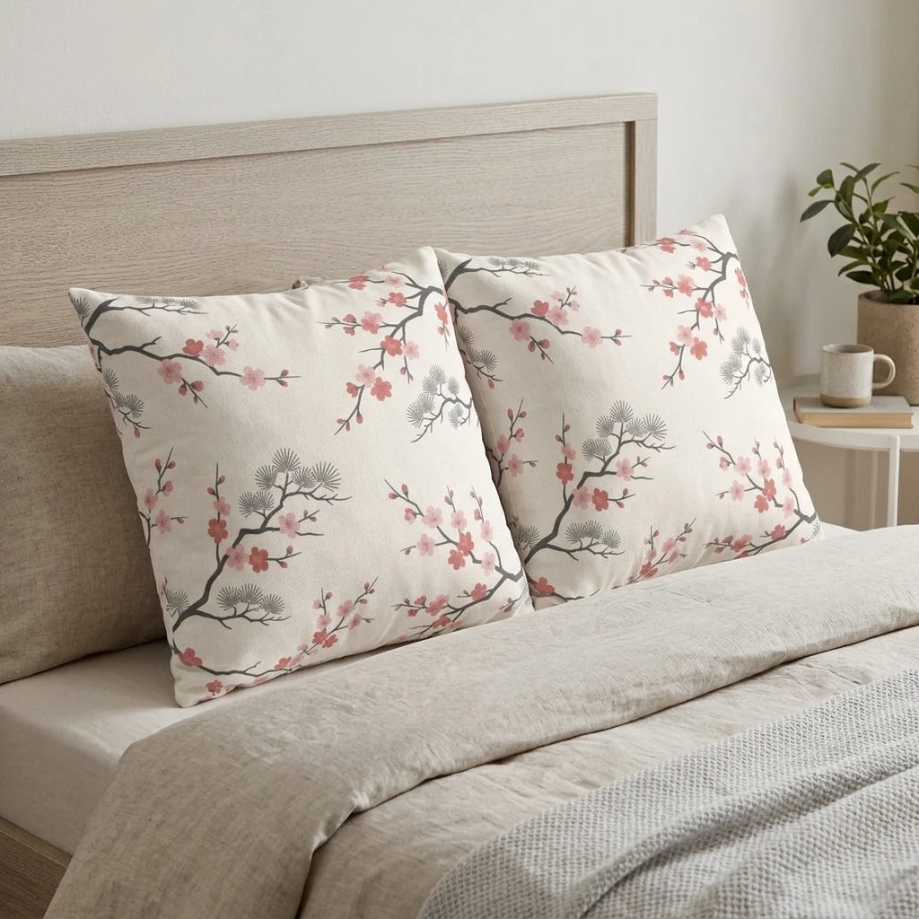 Two square decorative pillows featuring pink cherry blossom and grey pine needle patterns on a bed with beige linens and a wood headboard.