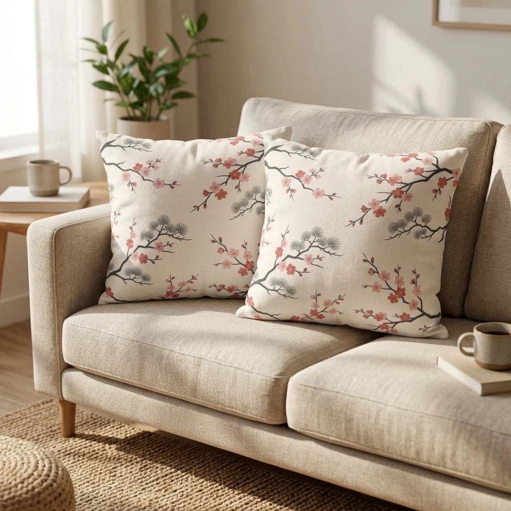 Two decorative throw pillows with a pink cherry blossom floral pattern on a neutral beige sofa in a bright, cozy living room setting.
