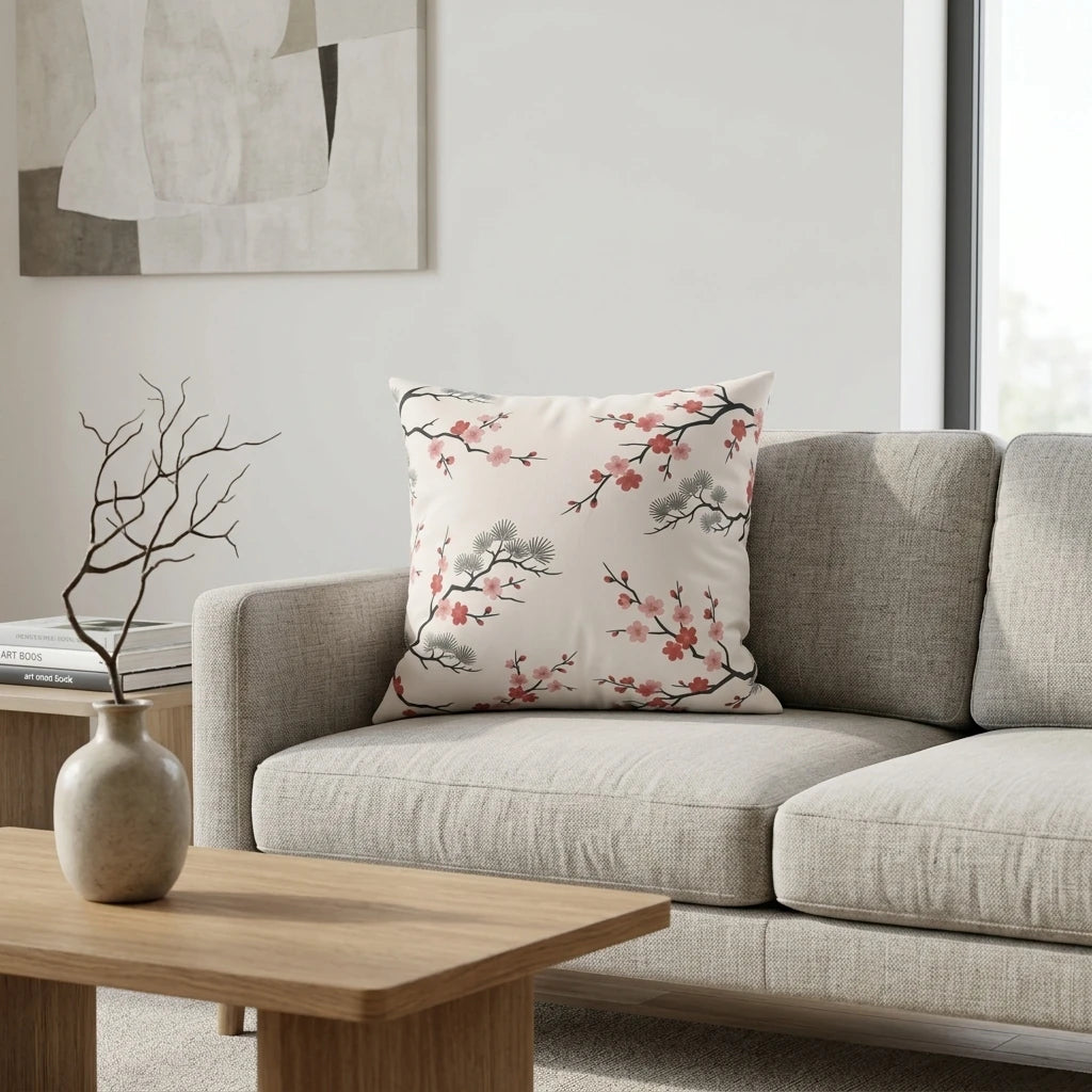 Cream throw pillow with a pink cherry blossom floral design on a grey sofa in a modern minimalist living room setting with a wood coffee table.